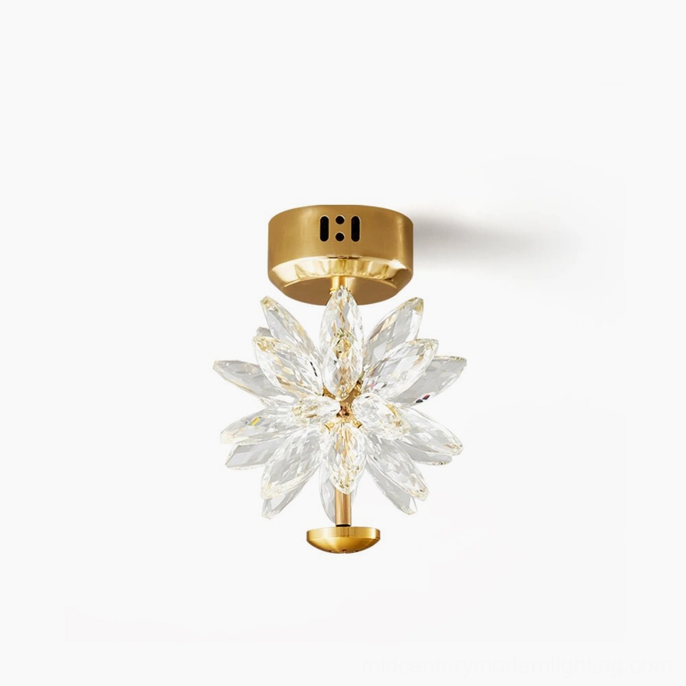 Glam Flower Crystal Ceiling Lamp - Gold brass fixture with transparent crystal petals on white background, front view