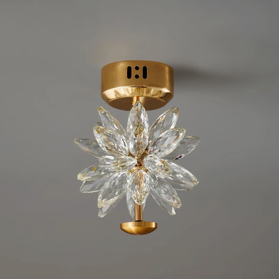Crystal flower flush mount ceiling light - stylized product photography gold metal base