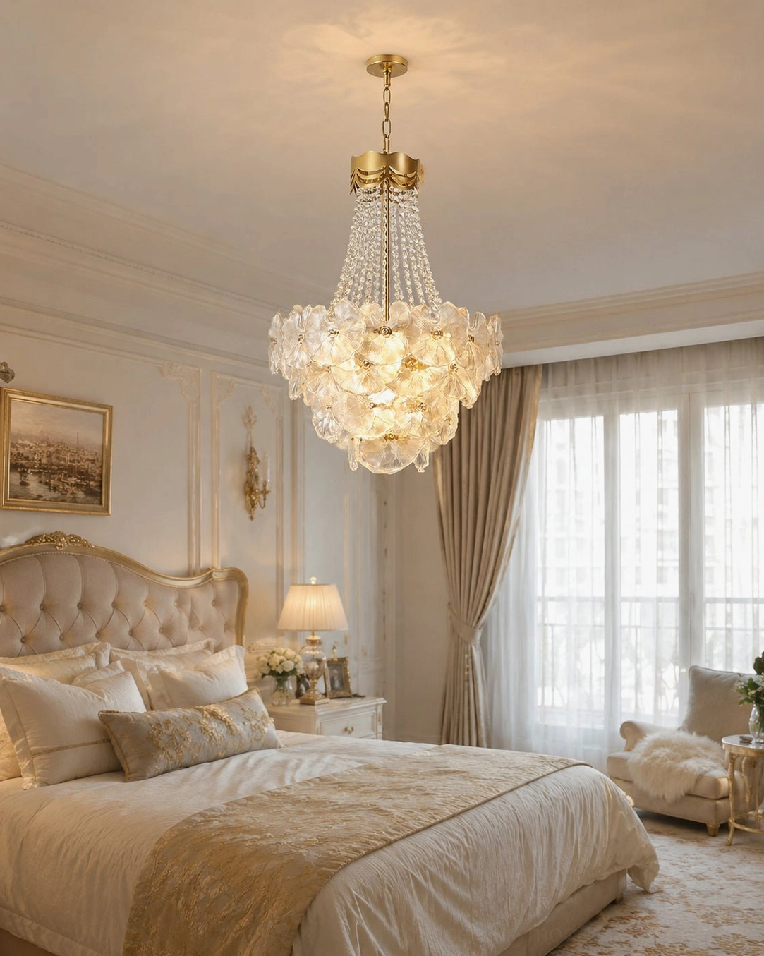 Decorative crystal chandelier illuminating elegant bedroom with tufted upholstered bed and neutral bedding