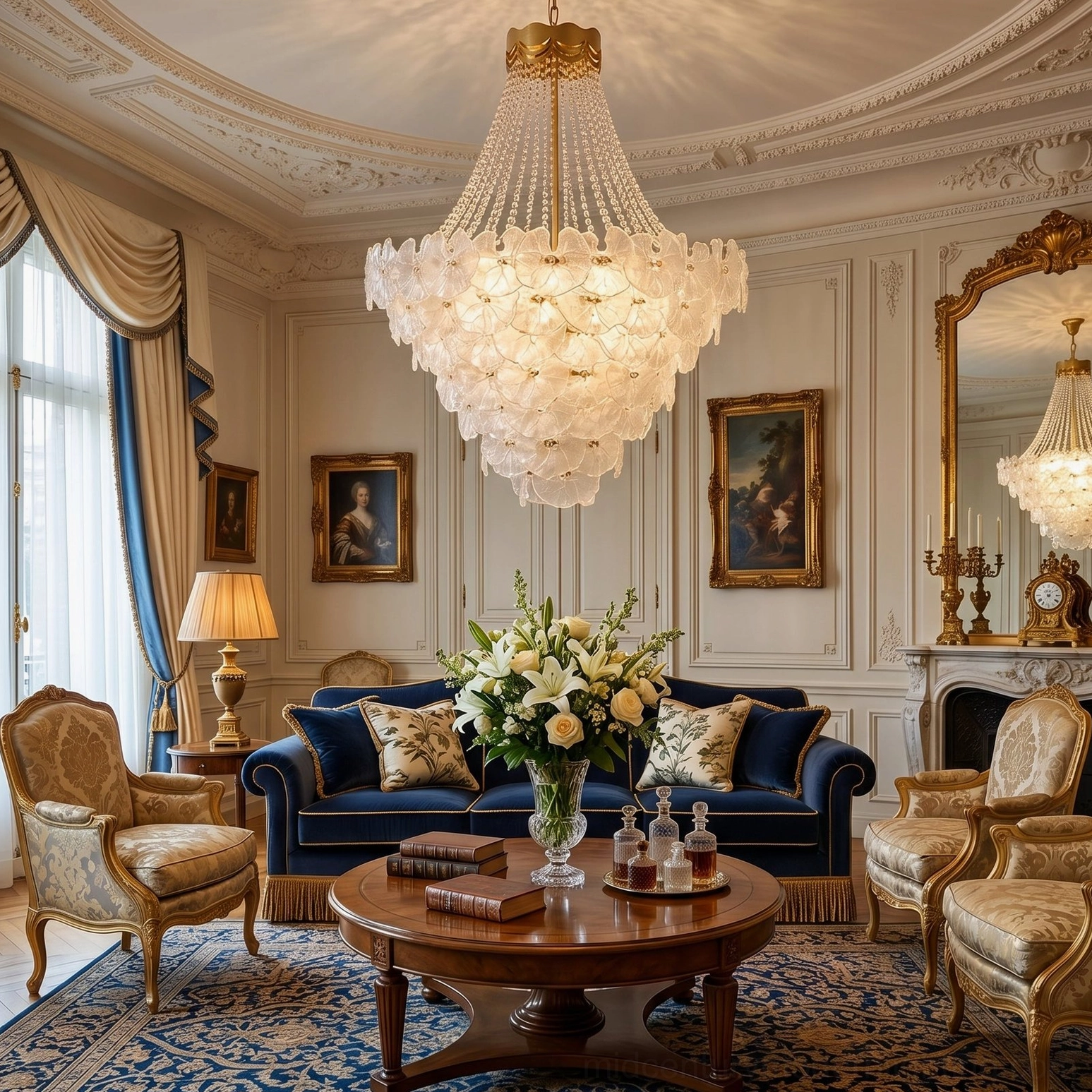 Overhead view of ornate crystal chandelier in neoclassical living room with formal decor and layered lighting design