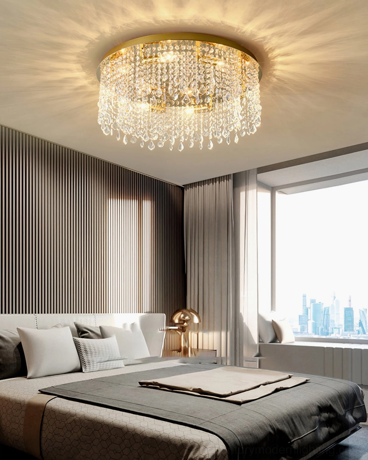 Detailed view of crystal flush mount lamp showing precise crystal positioning and polished titanium gold metalwork