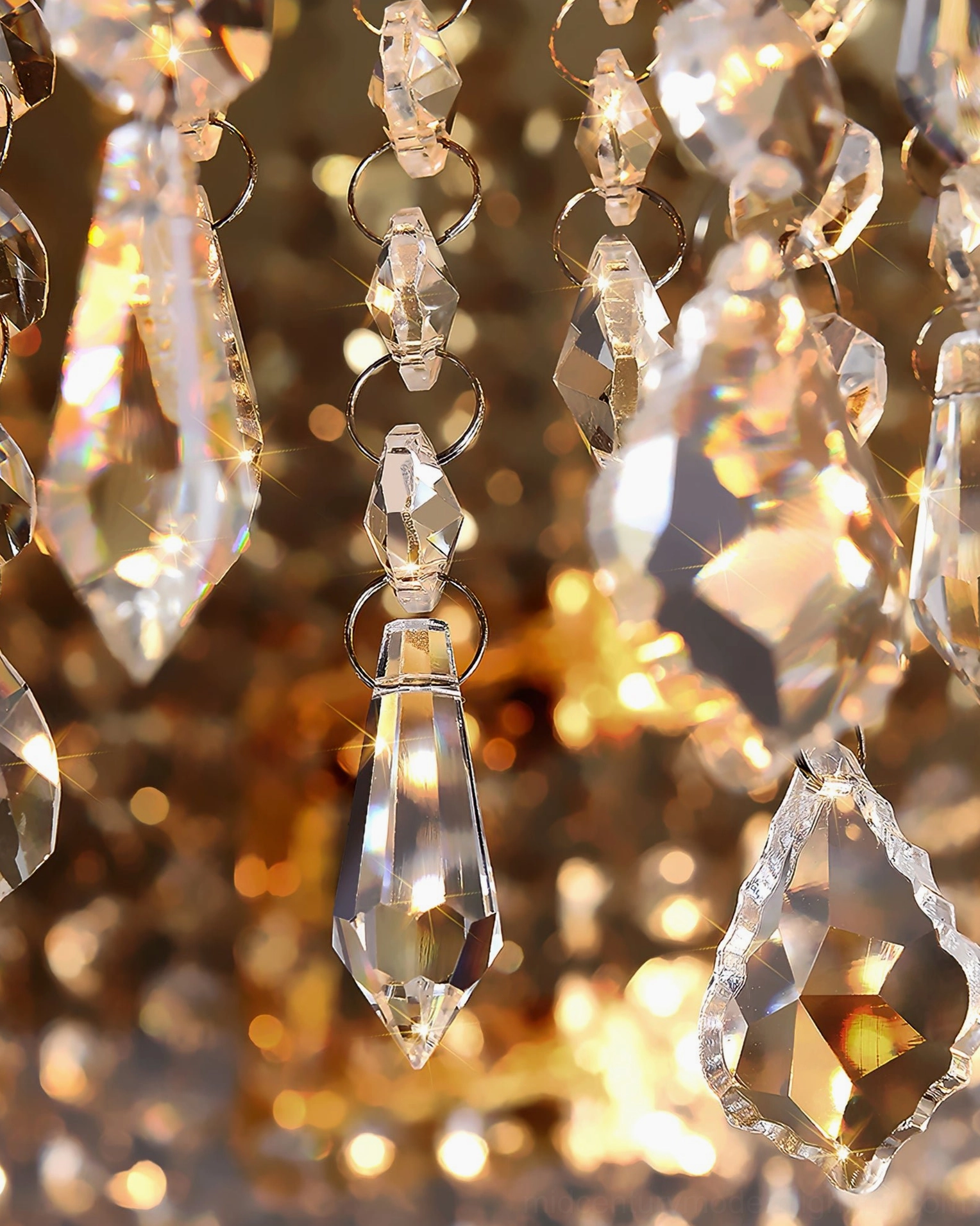 Macro photography of teardrop faceted clear crystals and gold-toned metal links showing precision craftsmanship