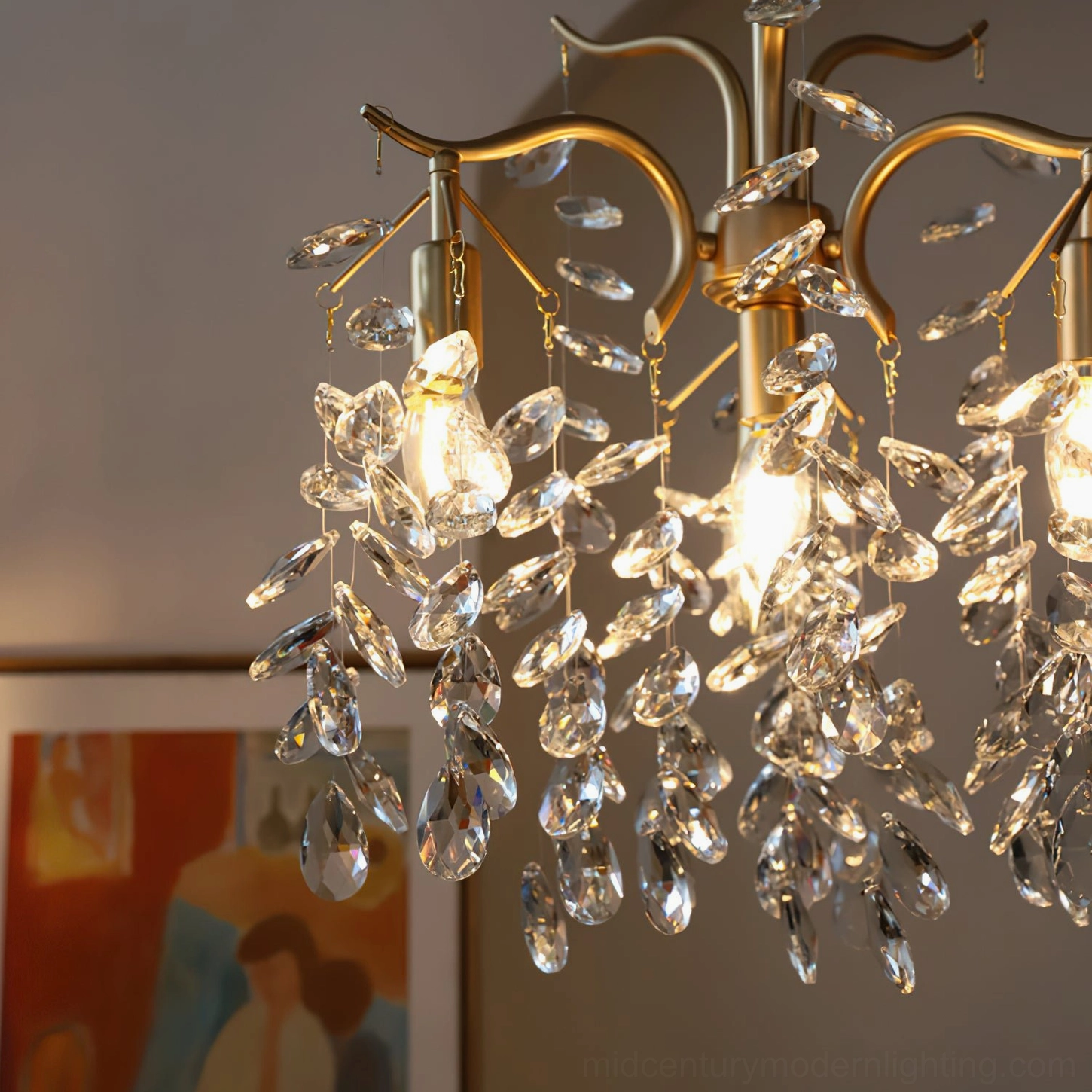 Close-up macro detail of crystal leaf chandelier showing individual faceted clear glass leaves with glowing warm vintage bulb inside