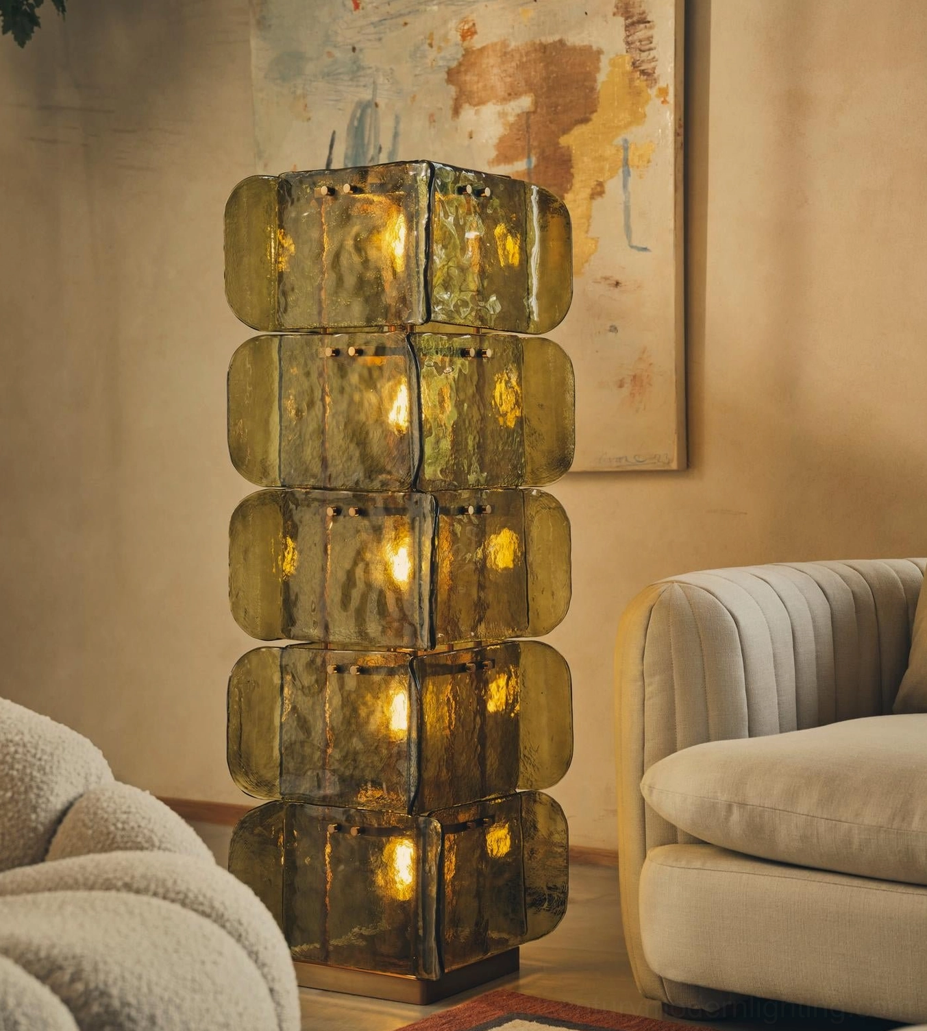 Olive green Cubo Totem five-tier lamp in warm modern living room, sophisticated sculptural lighting focal point