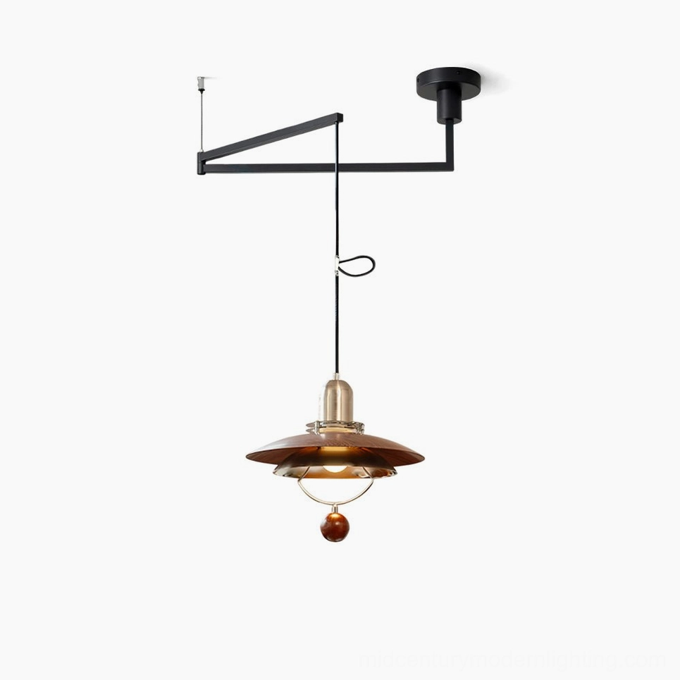 Cullen swing arm pendant light - flat front view with black metal arm and walnut wood shade on white background, showcasing adjustable design