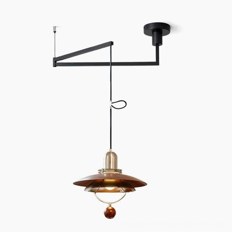 Cullen swing arm pendant light - flat front product view with black metal arm and walnut wood shade design on neutral background