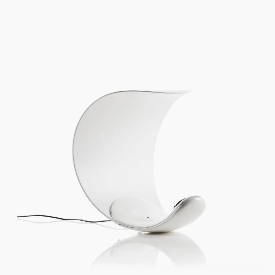 Curl crescent table lamp front view white and chrome finish minimalist modern design studio lighting