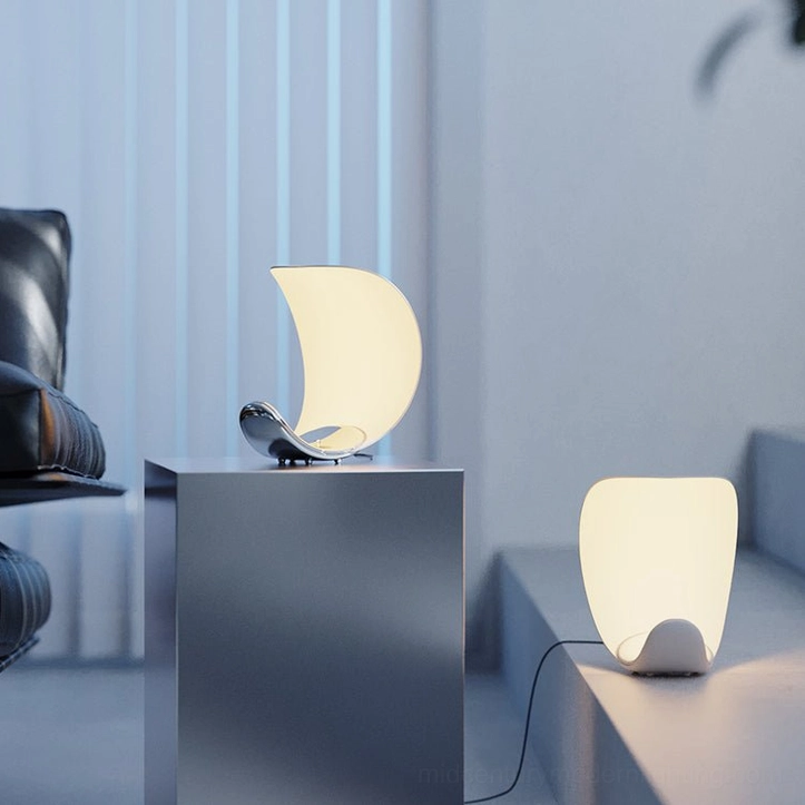 Curl crescent lamp with cuboid table lamp studio window blinds contemporary minimalist collection