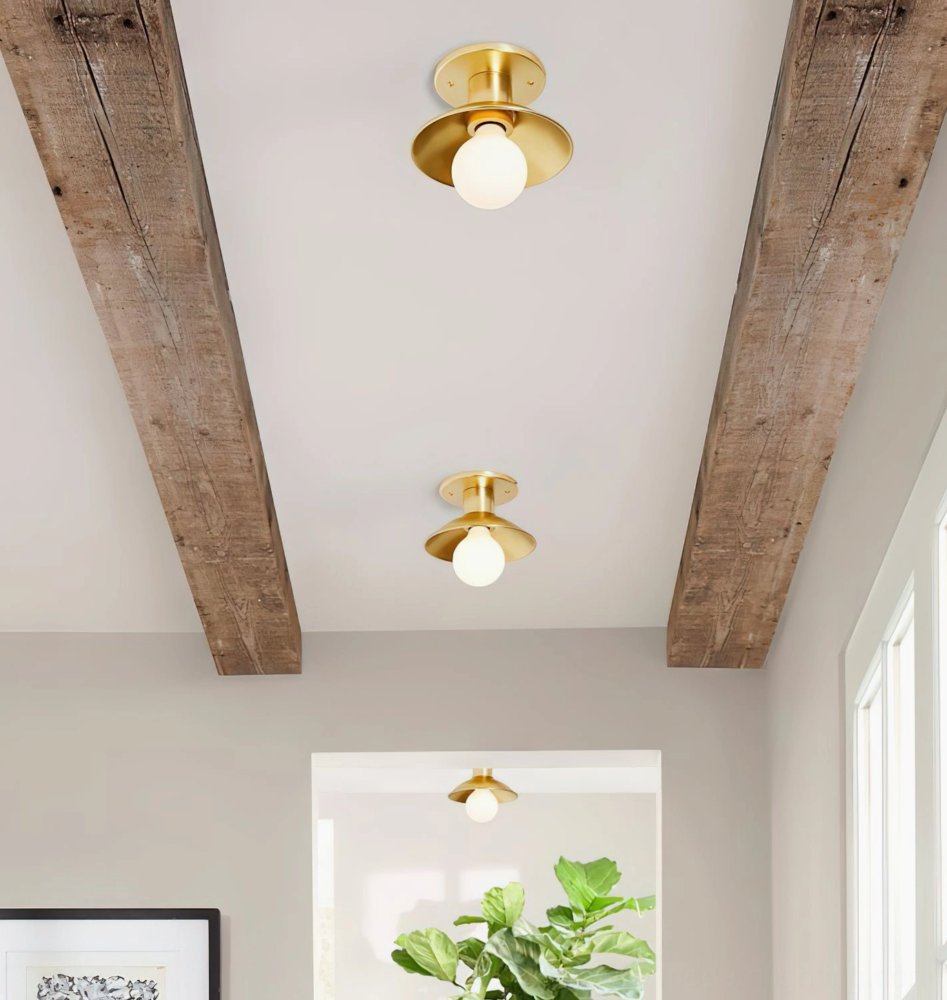 Dakota brass ceiling lamps installed in farmhouse hallway with wooden beams rustic modern interior