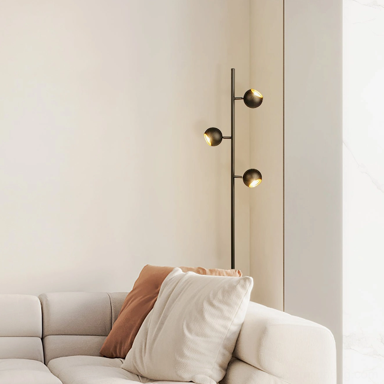 Dakota floor lamp in contemporary bedroom setting with minimalist aesthetic and neutral tones