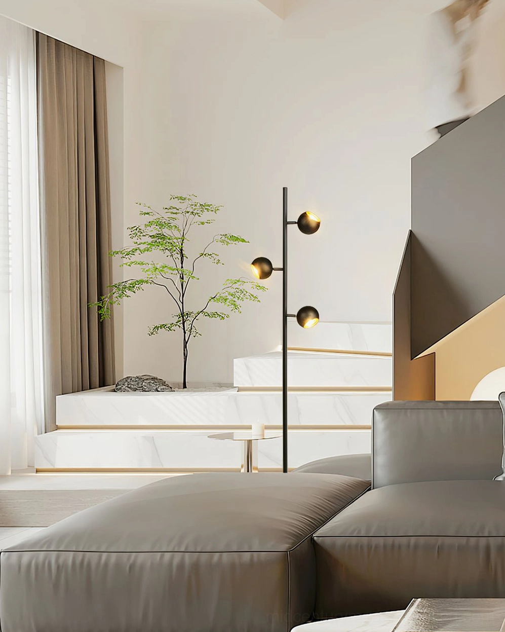 Dakota three-head floor lamp sculptural design with geometric tripod base and angular silhouette