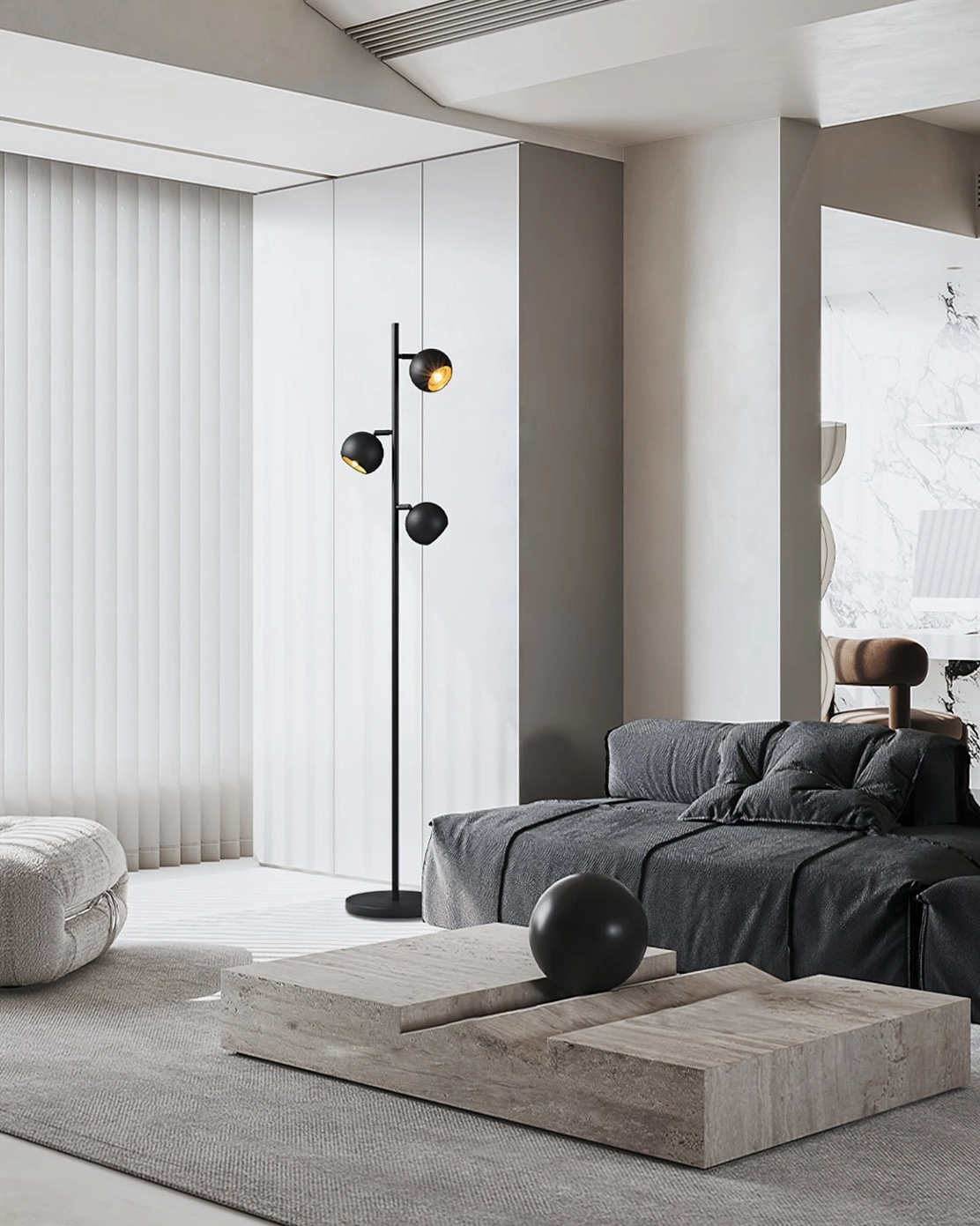 Dakota three-head floor lamp in sophisticated dark grey living room with modern furniture and low platform