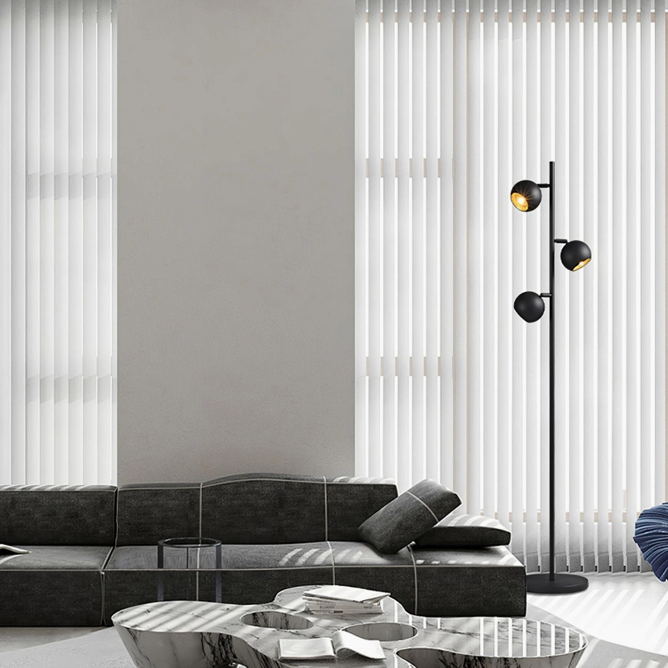 Dakota floor lamp in dark modern living room with marble accents and minimalist decor