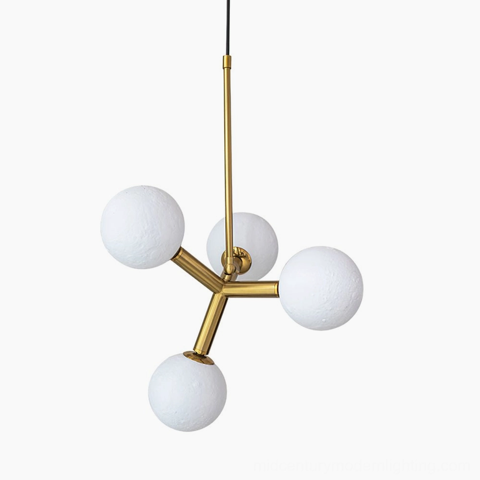 Dallas Planet 4-head pendant lamp in polished gold brass with frosted moon glass shades compact size