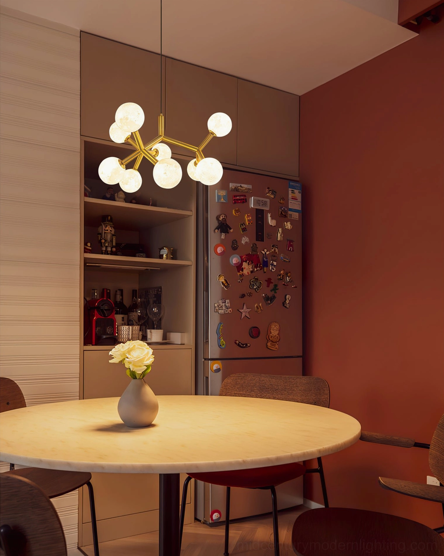 Dallas Planet nine-head pendant chandelier with multiple moon glass orbs and brass arms architectural lighting fixture