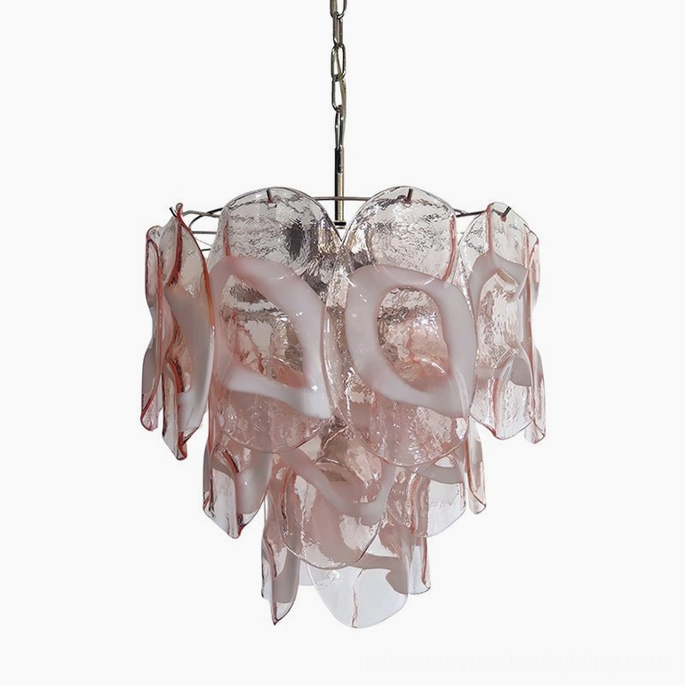Delara pink Murano glass chandelier with brushed nickel metal frame, complete product view showing sculptural design and proportions