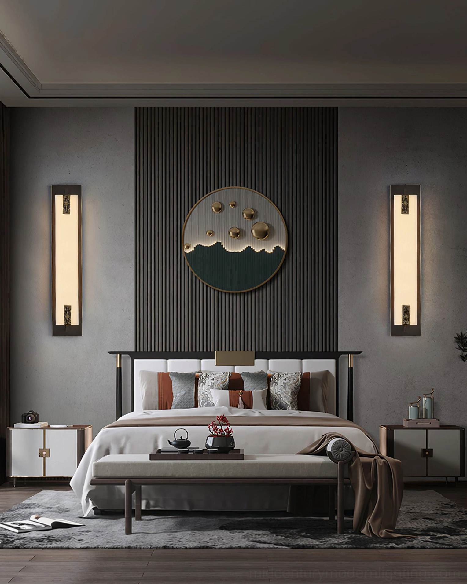 Delmar stone sconce creating dramatic accent lighting on accent wall