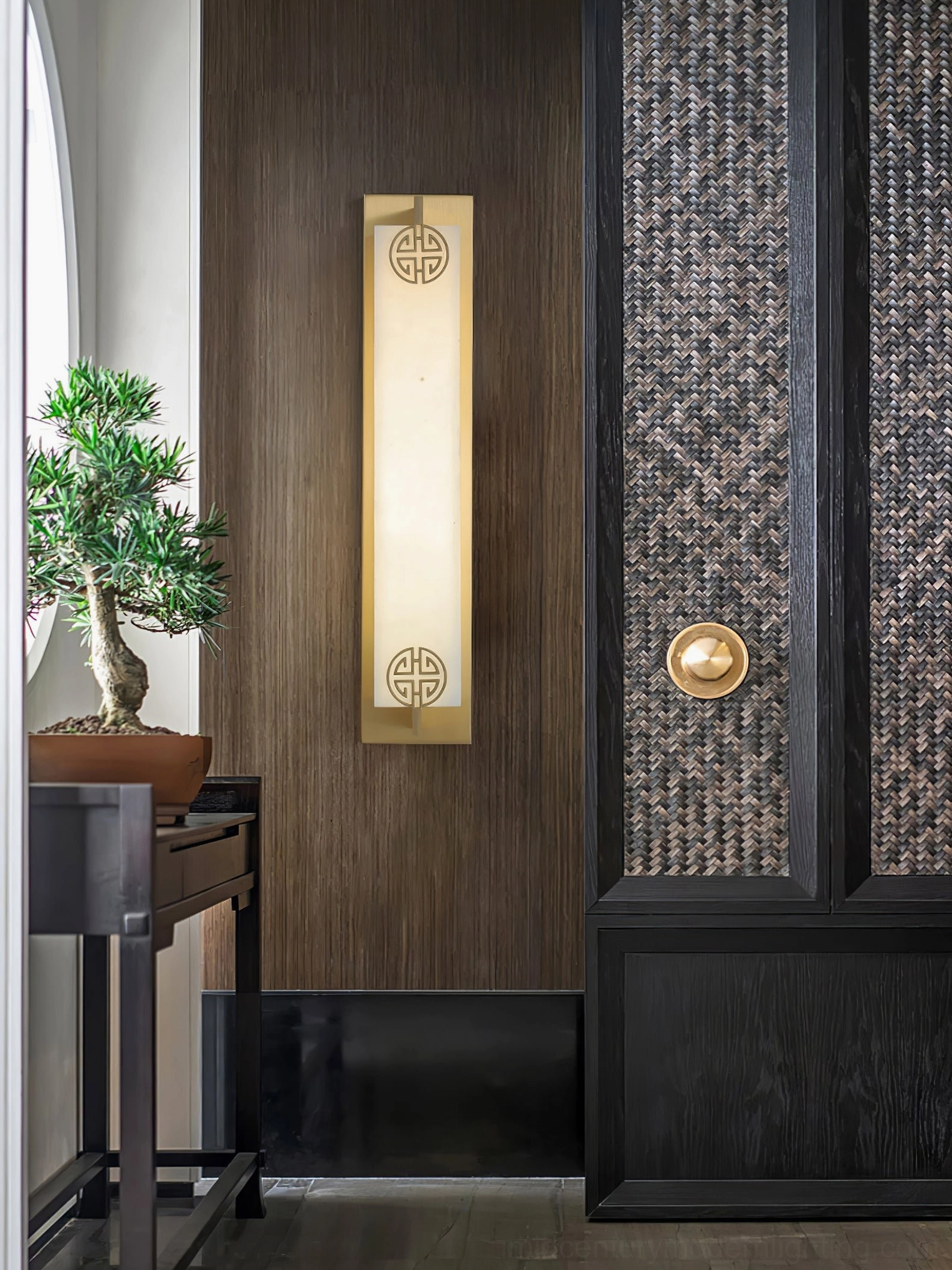 Delmar stone sconce detail view showing alabaster veining and copper backplate