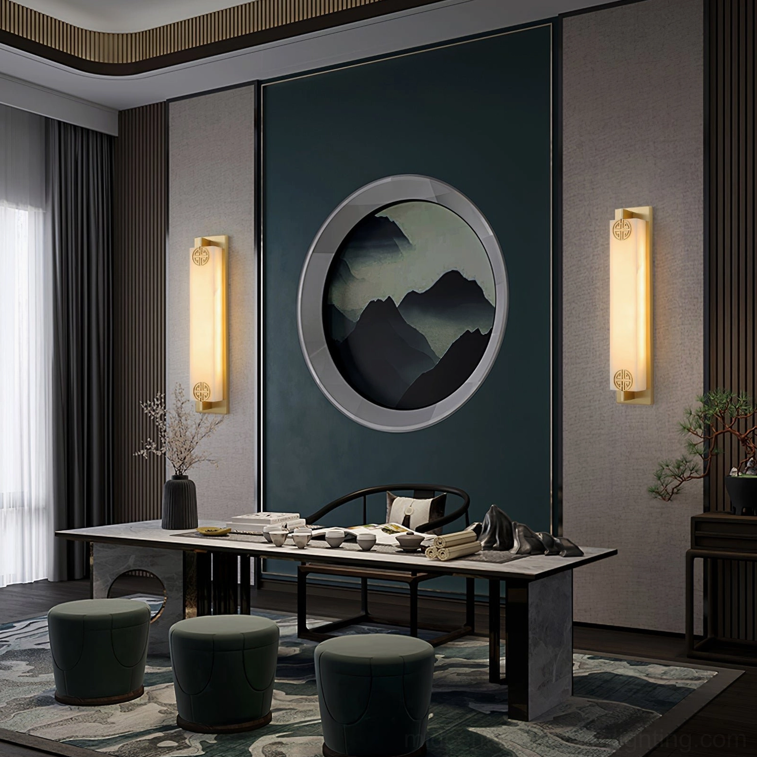 Delmar stone wall light with black and gold finish in modern interior