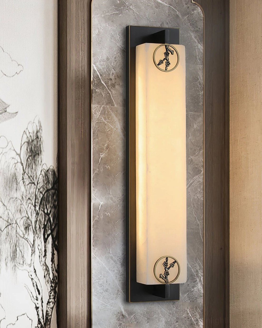 Delmar stone sconce installation above console table with mirror
