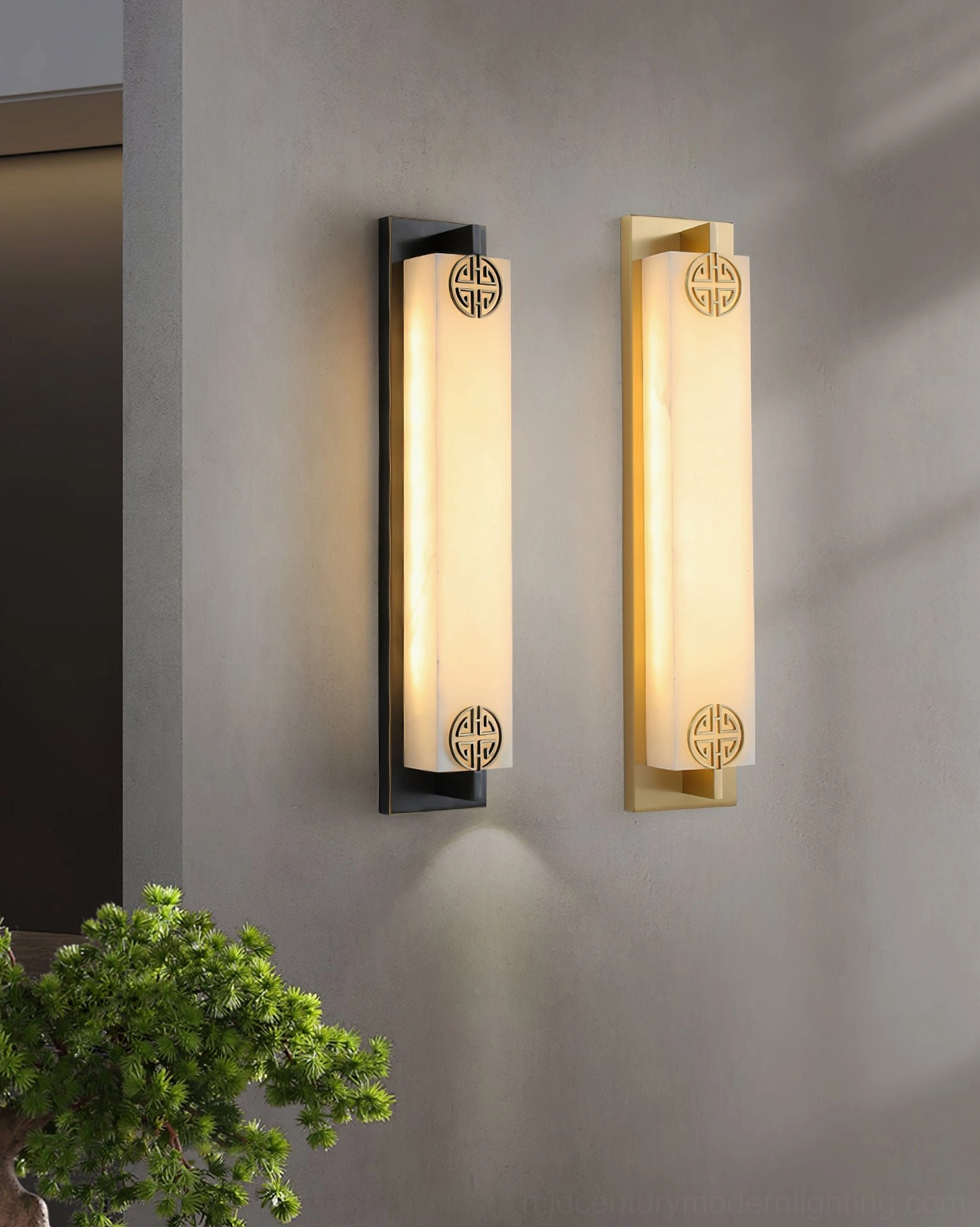 Close-up of Delmar sconce metal brackets and alabaster connection