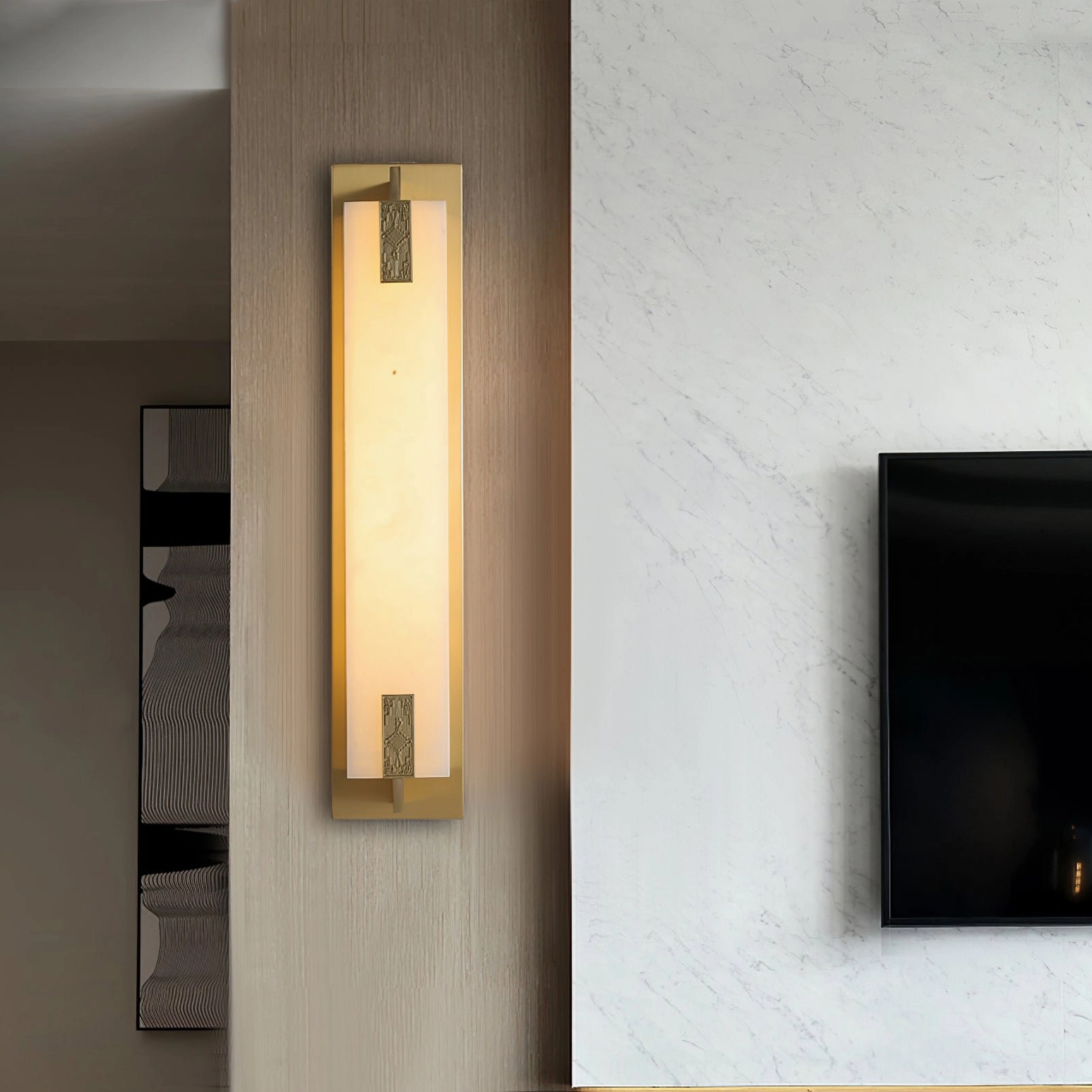 Pair of Delmar wall sconces symmetrically installed above dining console