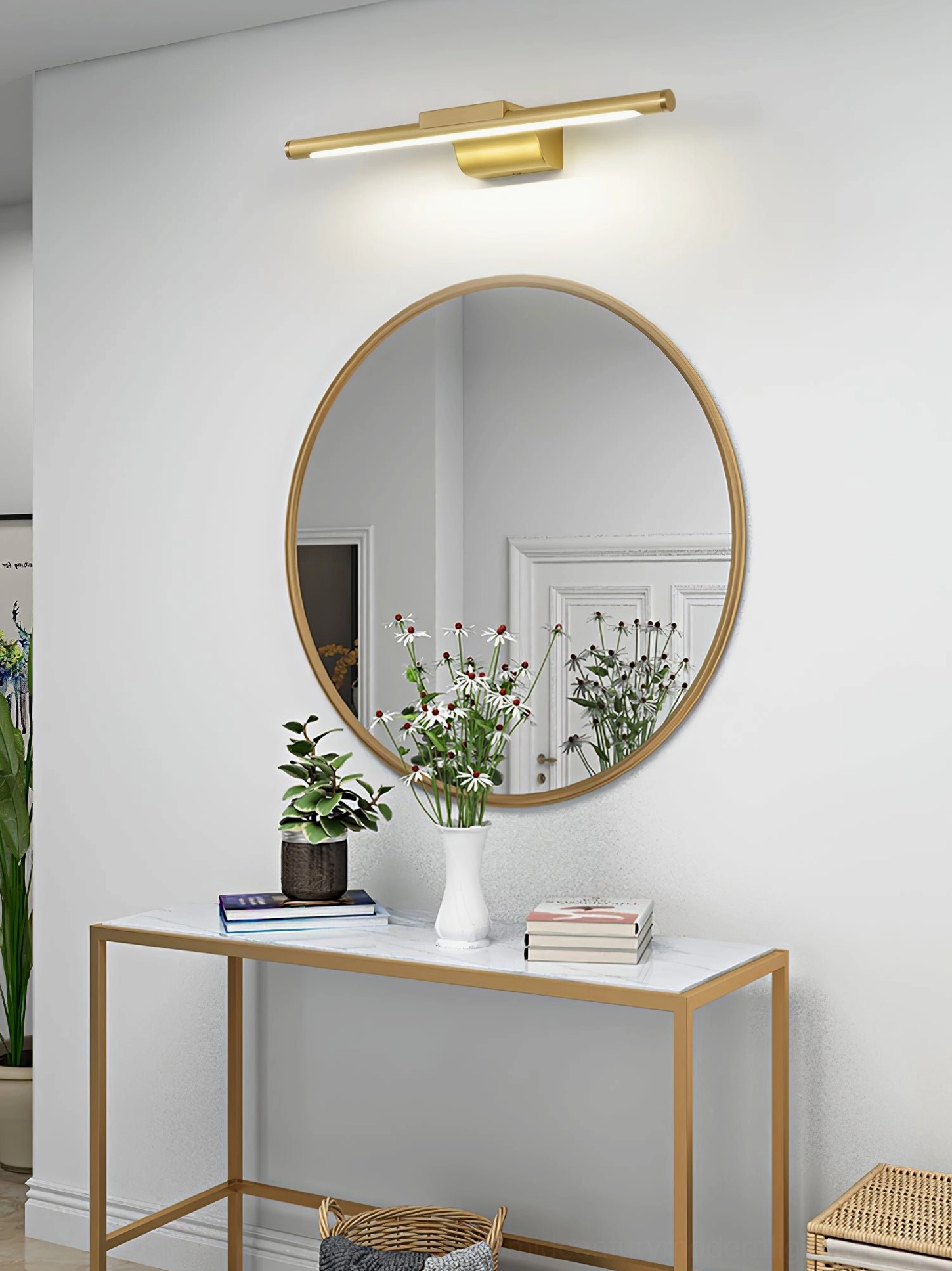 Designer brass vanity light creating soft shadow-free illumination