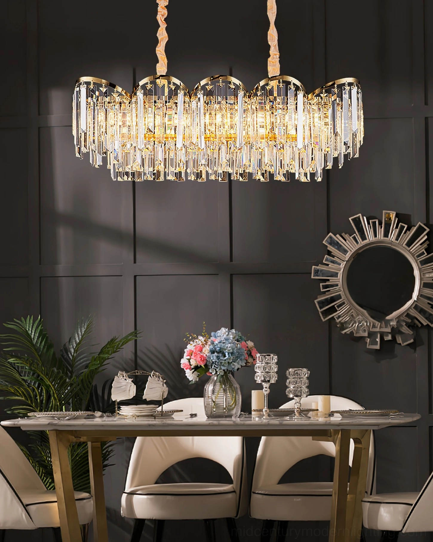 Stylized crystal chandelier installation showcasing designer aesthetic and interior decoration impact