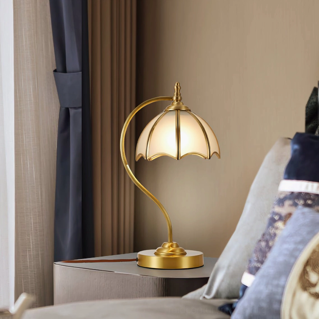 Designer umbrella lamp beside sofa creating cozy living room ambiance with brass accents