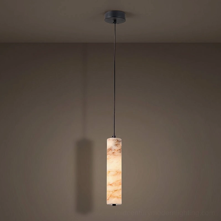 Devane alabaster pendant light Model A single fixture showing smaller cylindrical stone shade with delicate natural veining and black metal mounting hardware