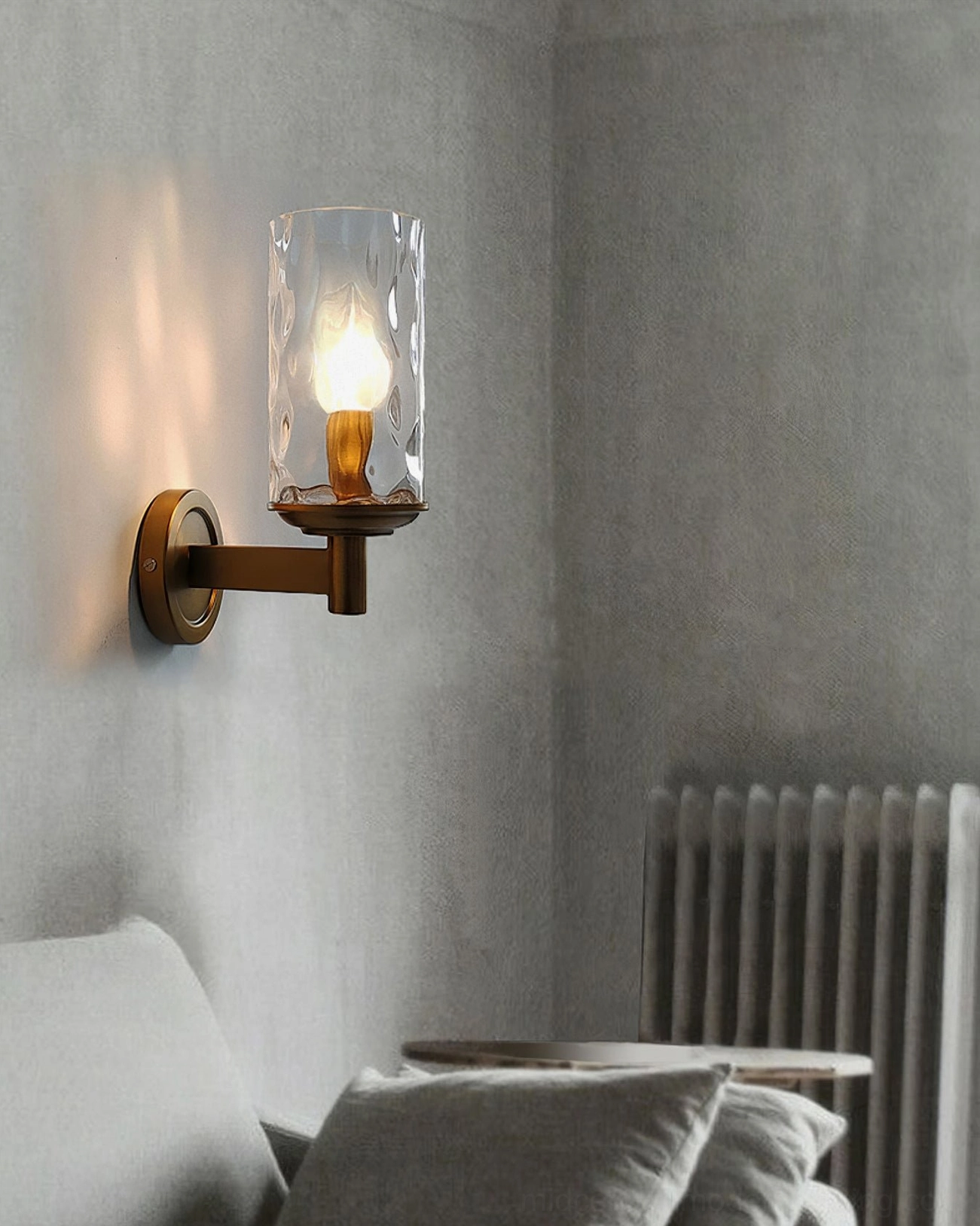 Devora wall sconce in modern living room with radiator, neutral grey interior design