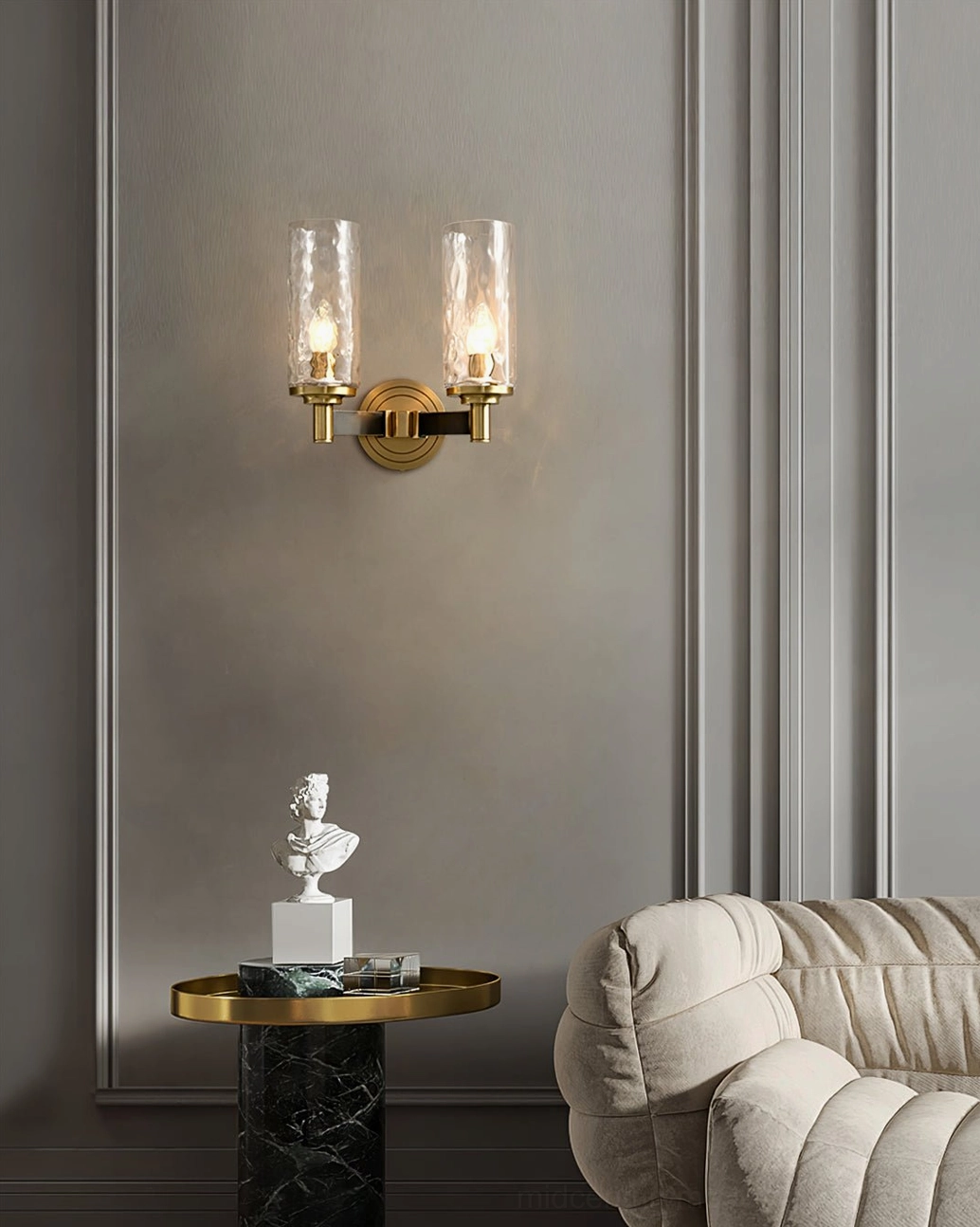 Devora mid-century modern wall sconce installed in contemporary home interior setting