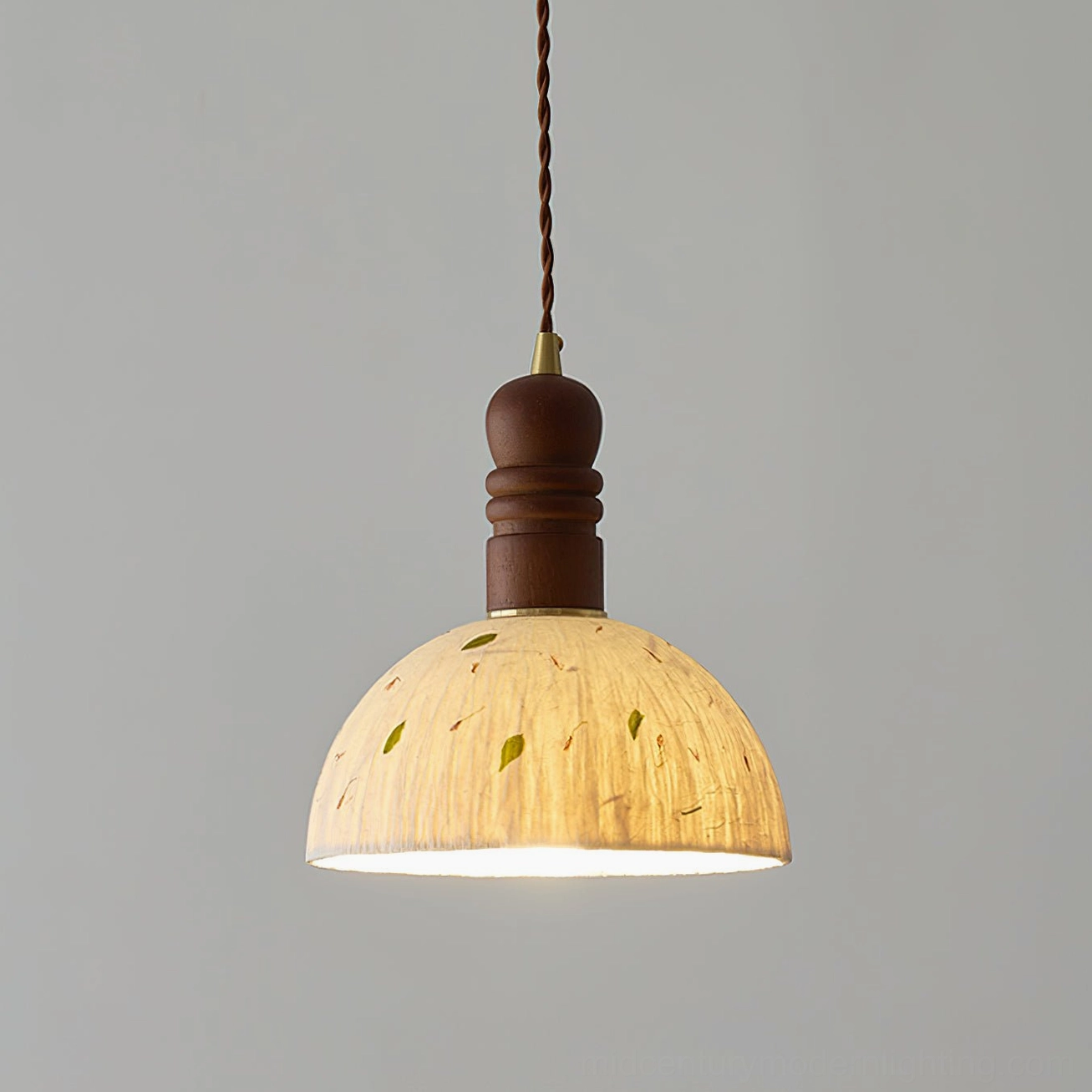 Close-up of Diana pendant light dome shade showing delicate leaf inclusions and turned wooden mounting fixture