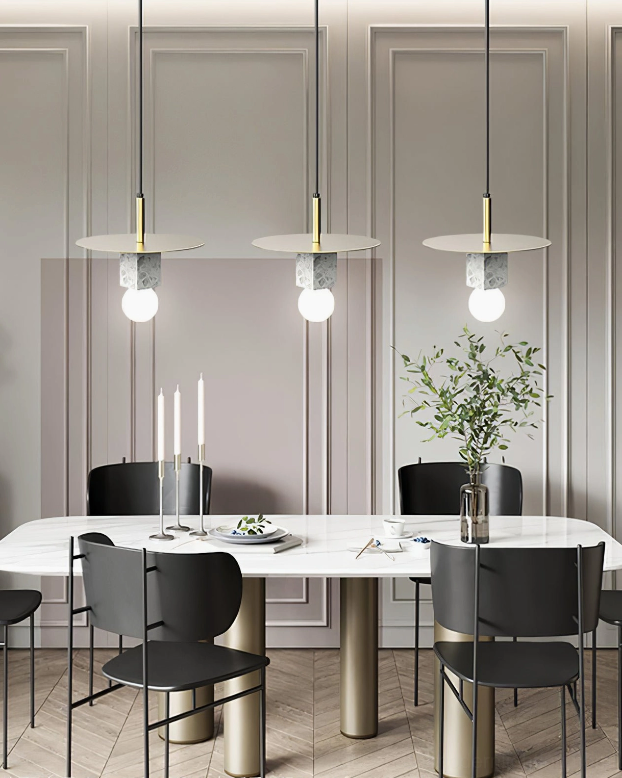 Multiple white marble gold pendant lamps modern dining room cluster