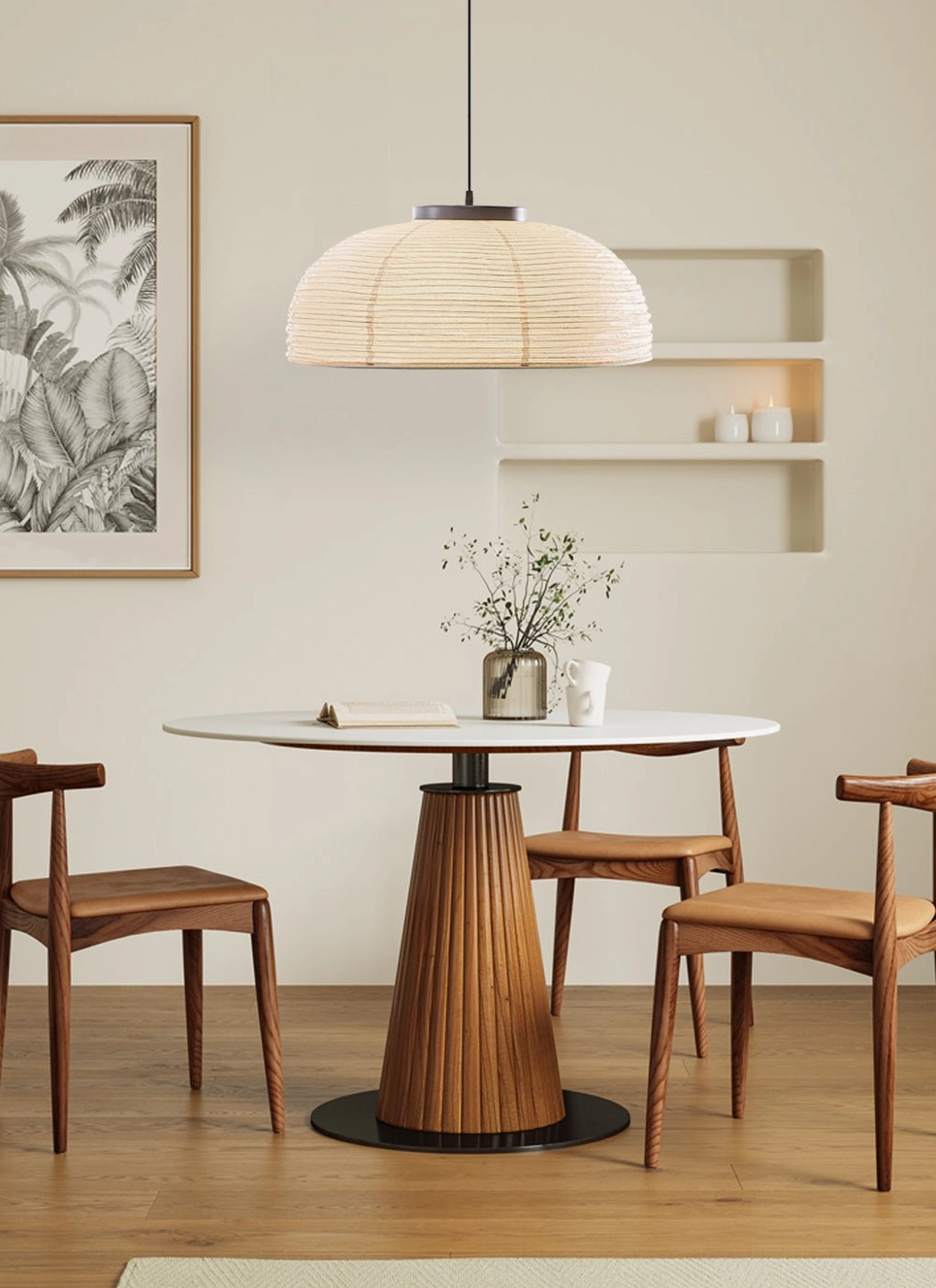 Dining room pendant lighting – woven paper dome suspended over wooden dining set warm wabi-sabi home
