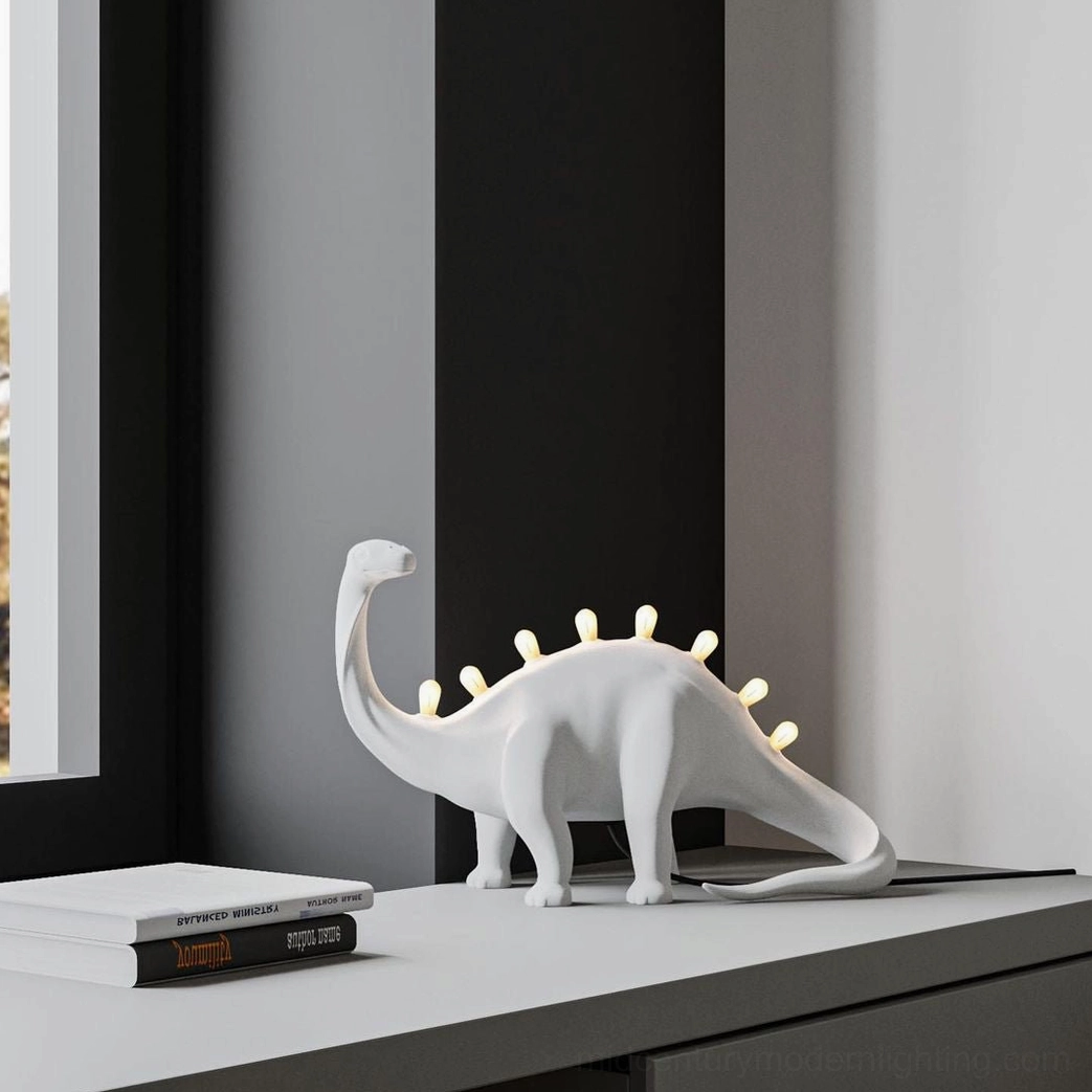 Dinosaur table lamp three-quarter angle, sculptural resin silhouette display