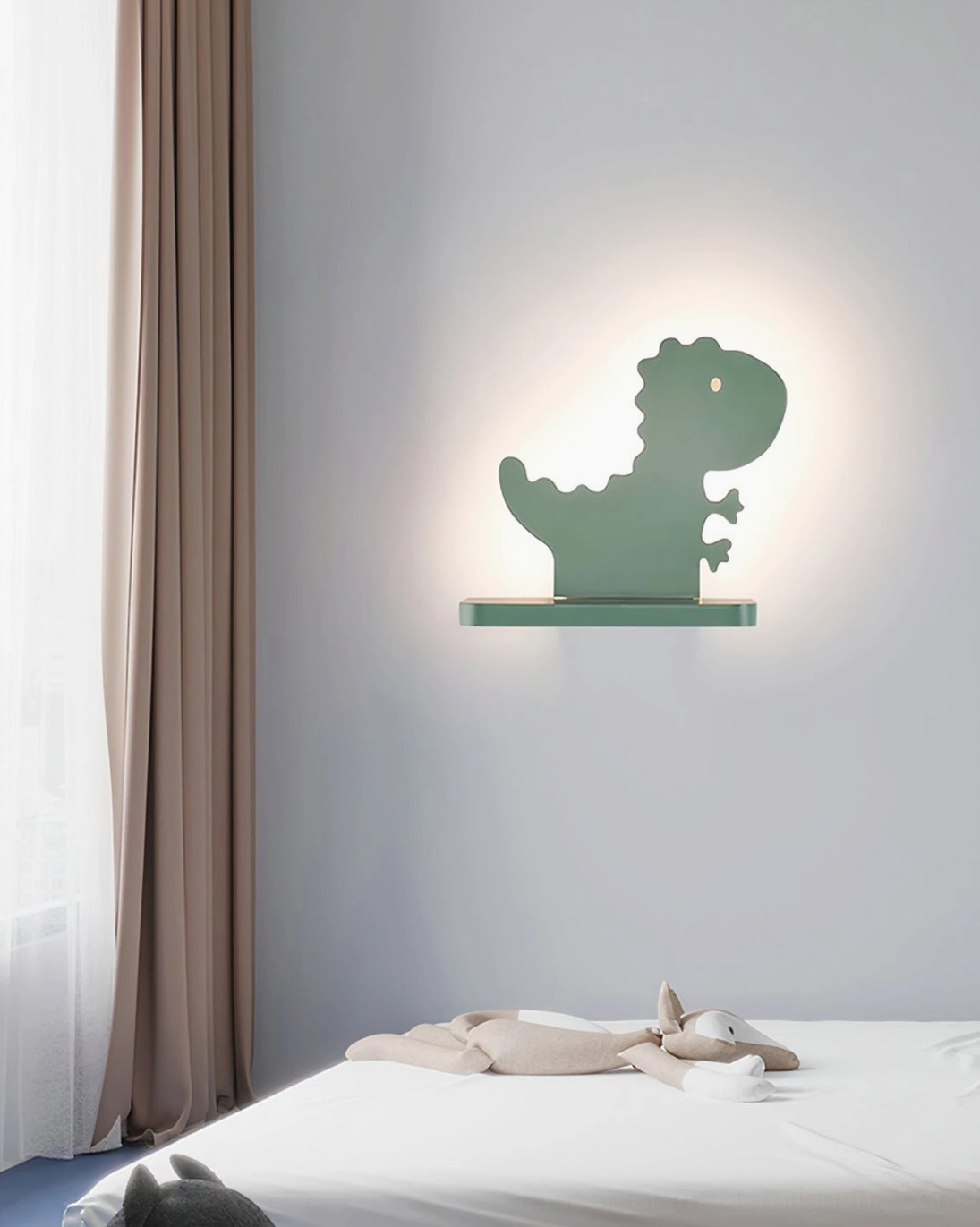 Dinosaur wall lamp in bedroom setting providing soft ambient illumination for relaxation and reading