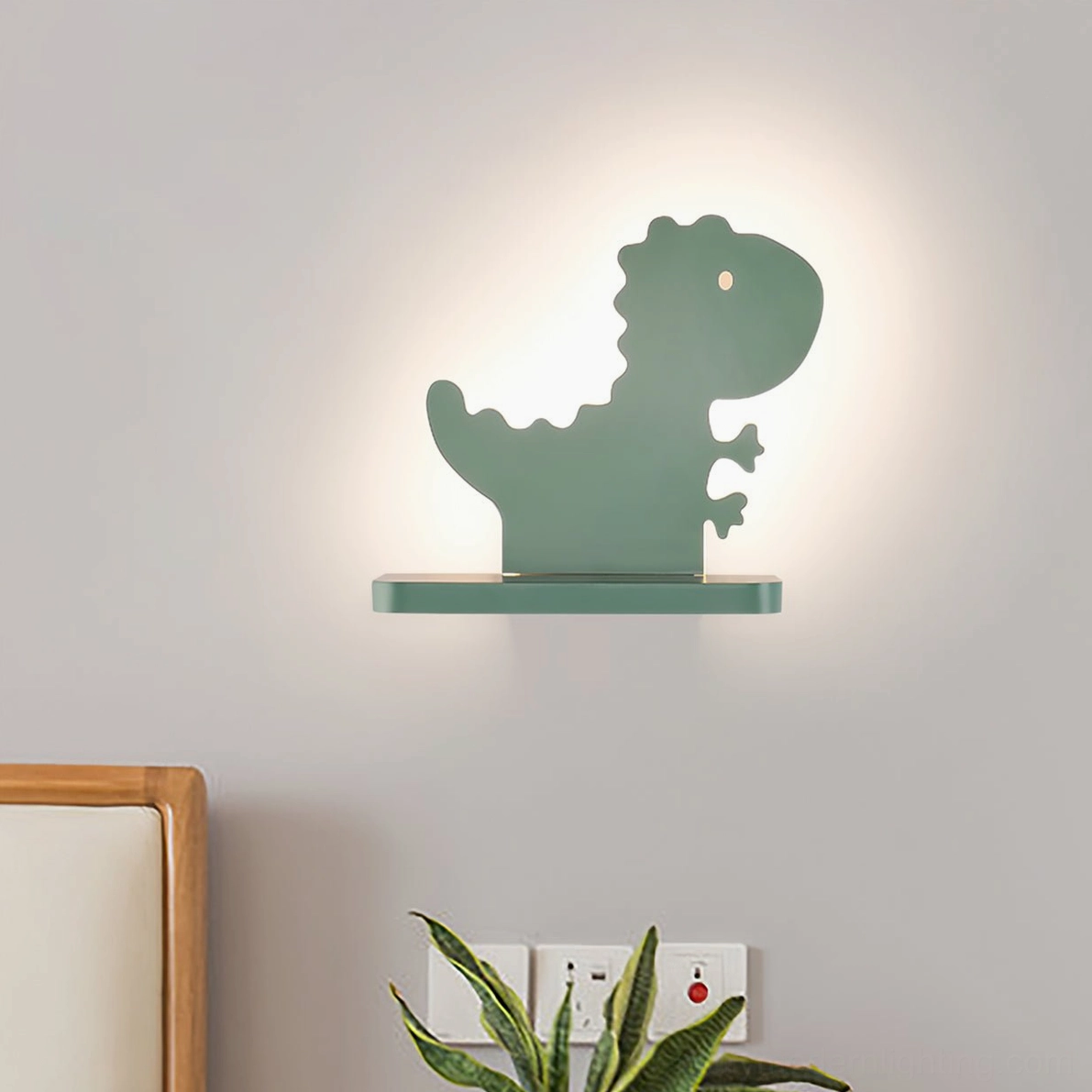 Dinosaur wall lamp installed in bedroom with warm backlighting, creating cozy ambient lighting for kids room
