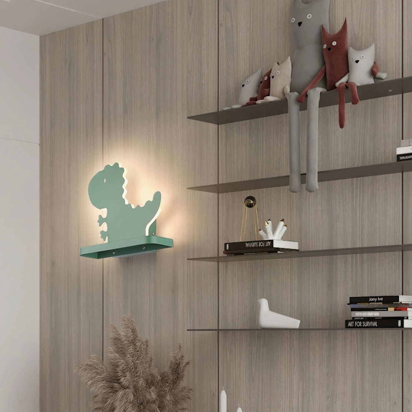 Dinosaur wall lamp mid-century modern design with sage green finish, perfect for contemporary kids room aesthetic