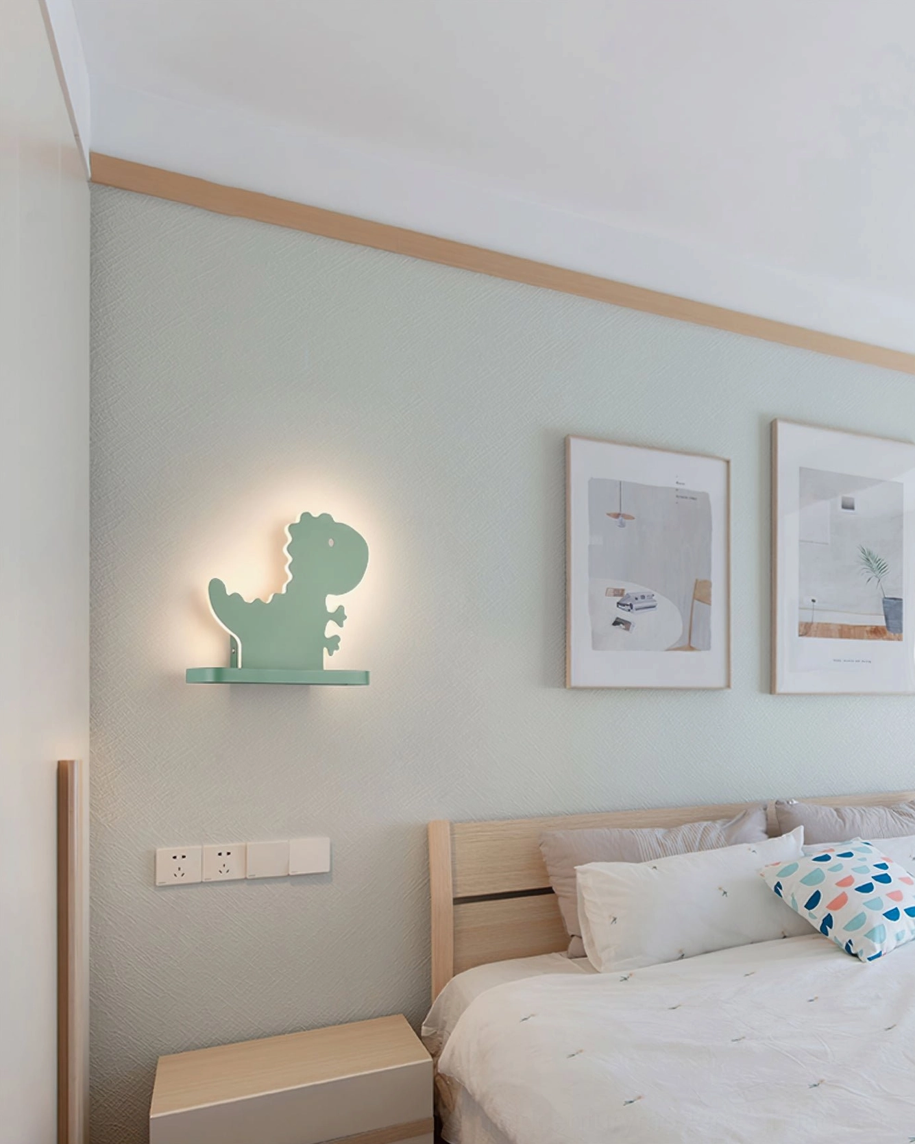Dinosaur wall lamp in modern minimalist master bedroom, demonstrating Scandinavian-inspired interior styling