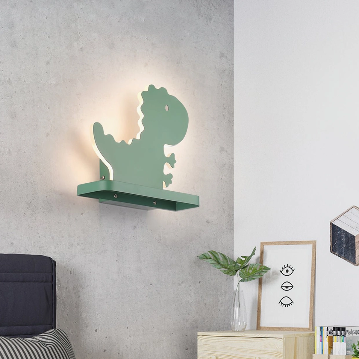 Dinosaur wall lamp in small modern bedroom creating warm cozy lighting ambiance with contemporary wall decor