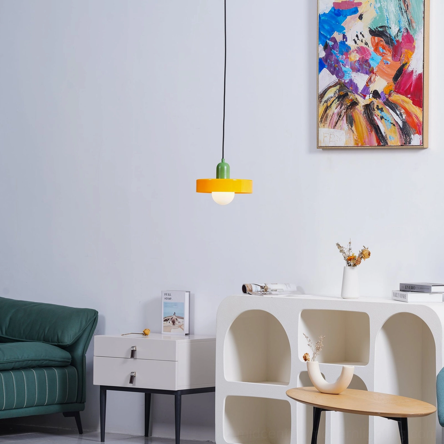 Disc Orb Pendant Light green variant architectural accent