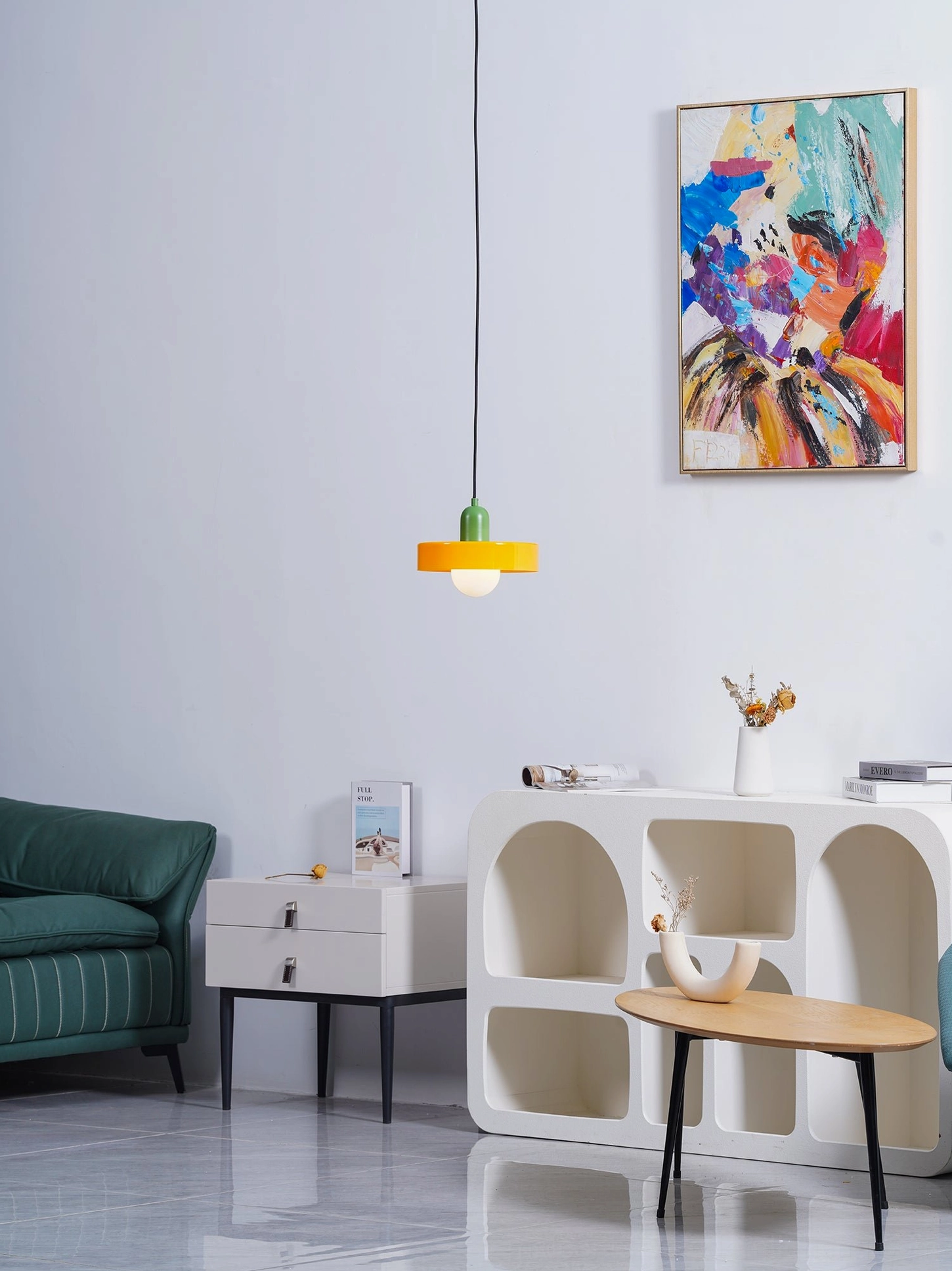 Disc Orb Pendant Light green finish contemporary interior