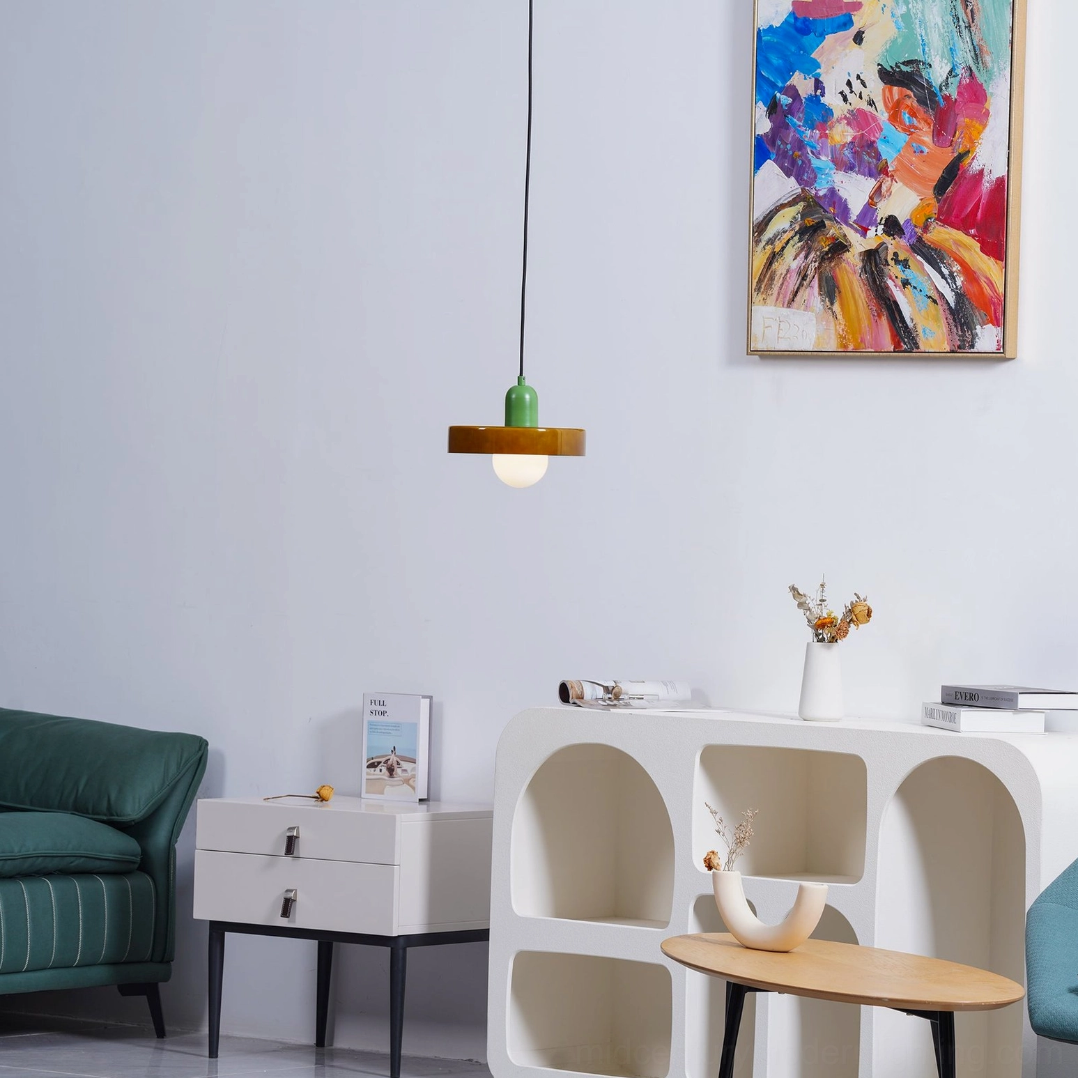 Disc Orb Pendant Light green finish cool modern palette