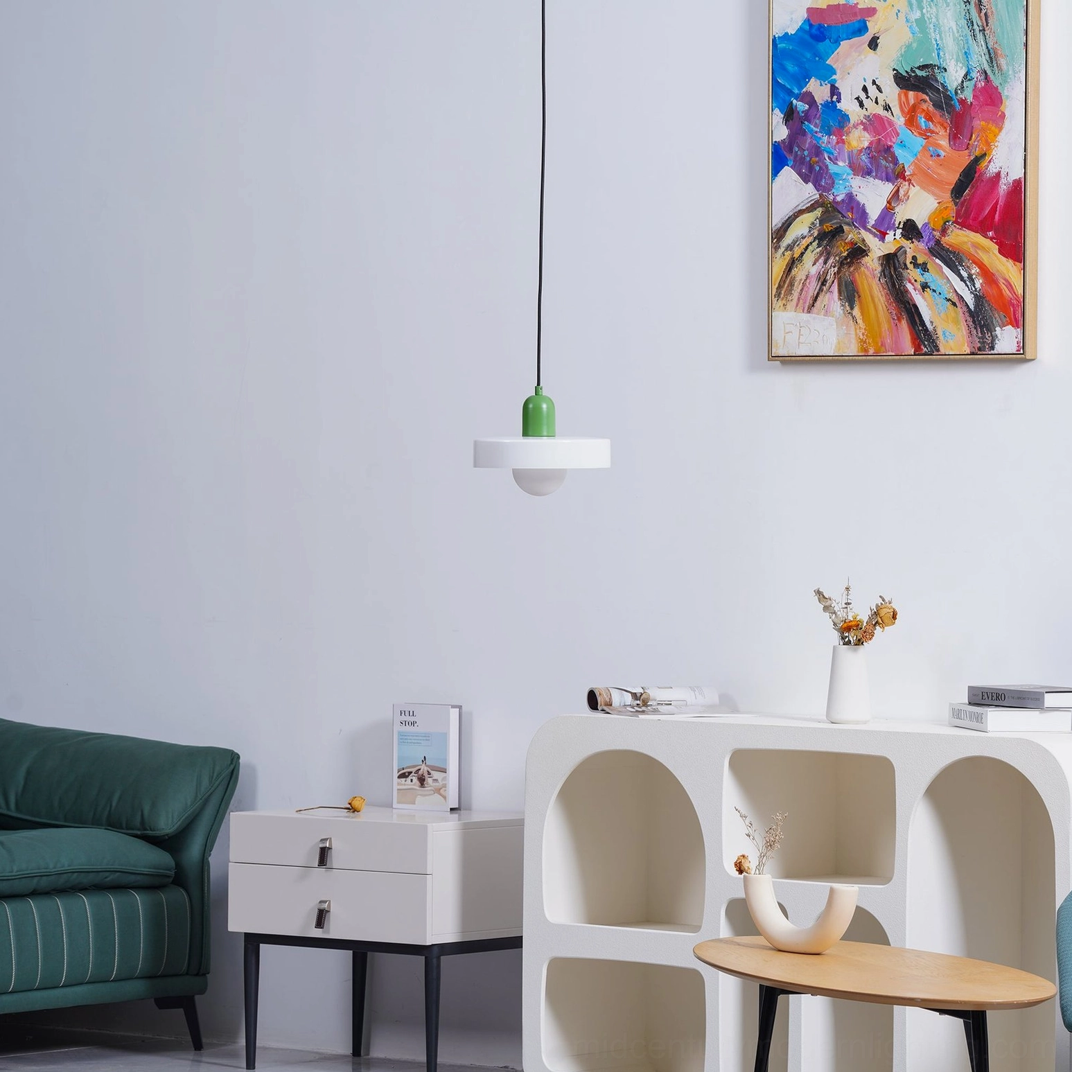 Disc Orb Pendant Light green finish design detail view