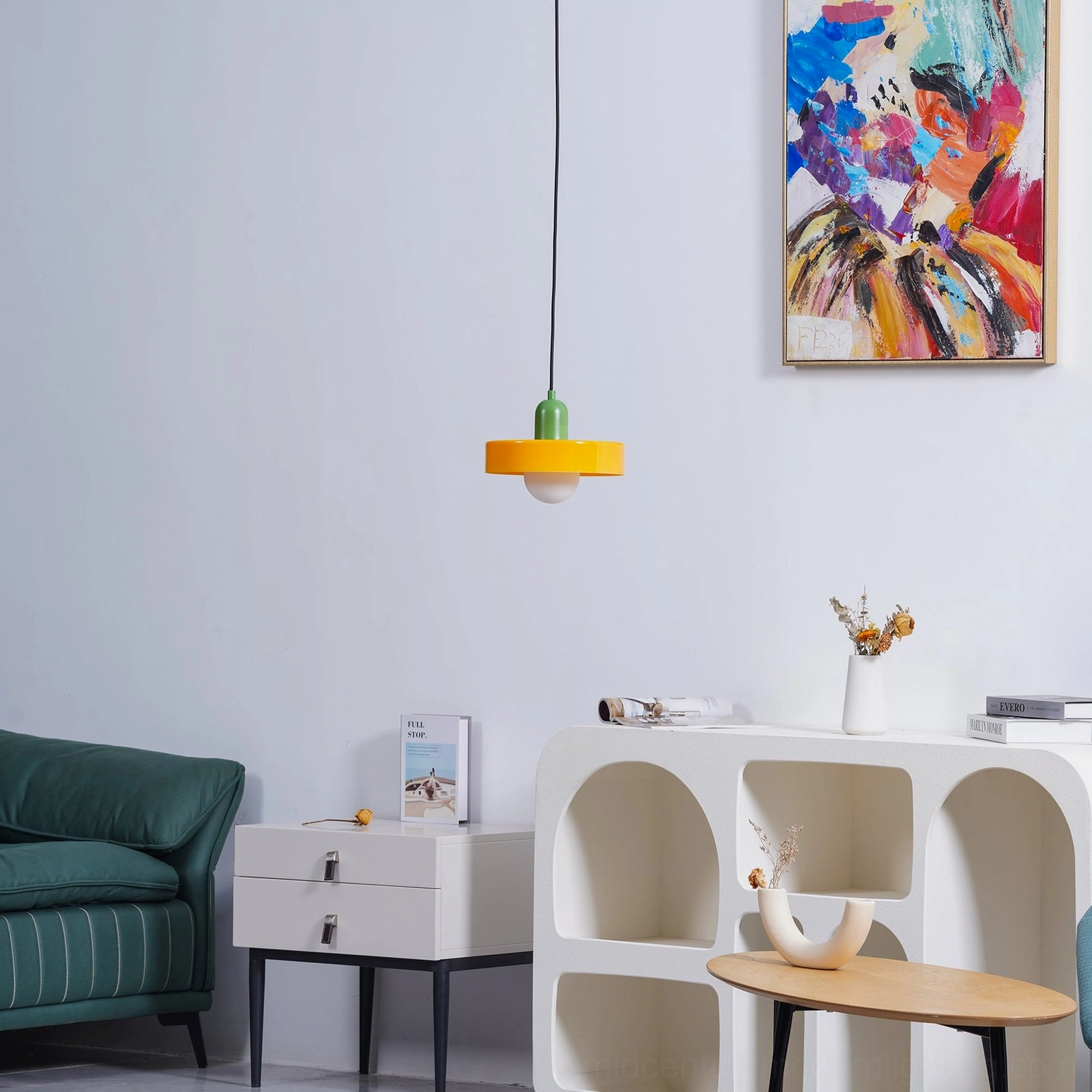Disc Orb Pendant Light green finish paired fixtures gallery