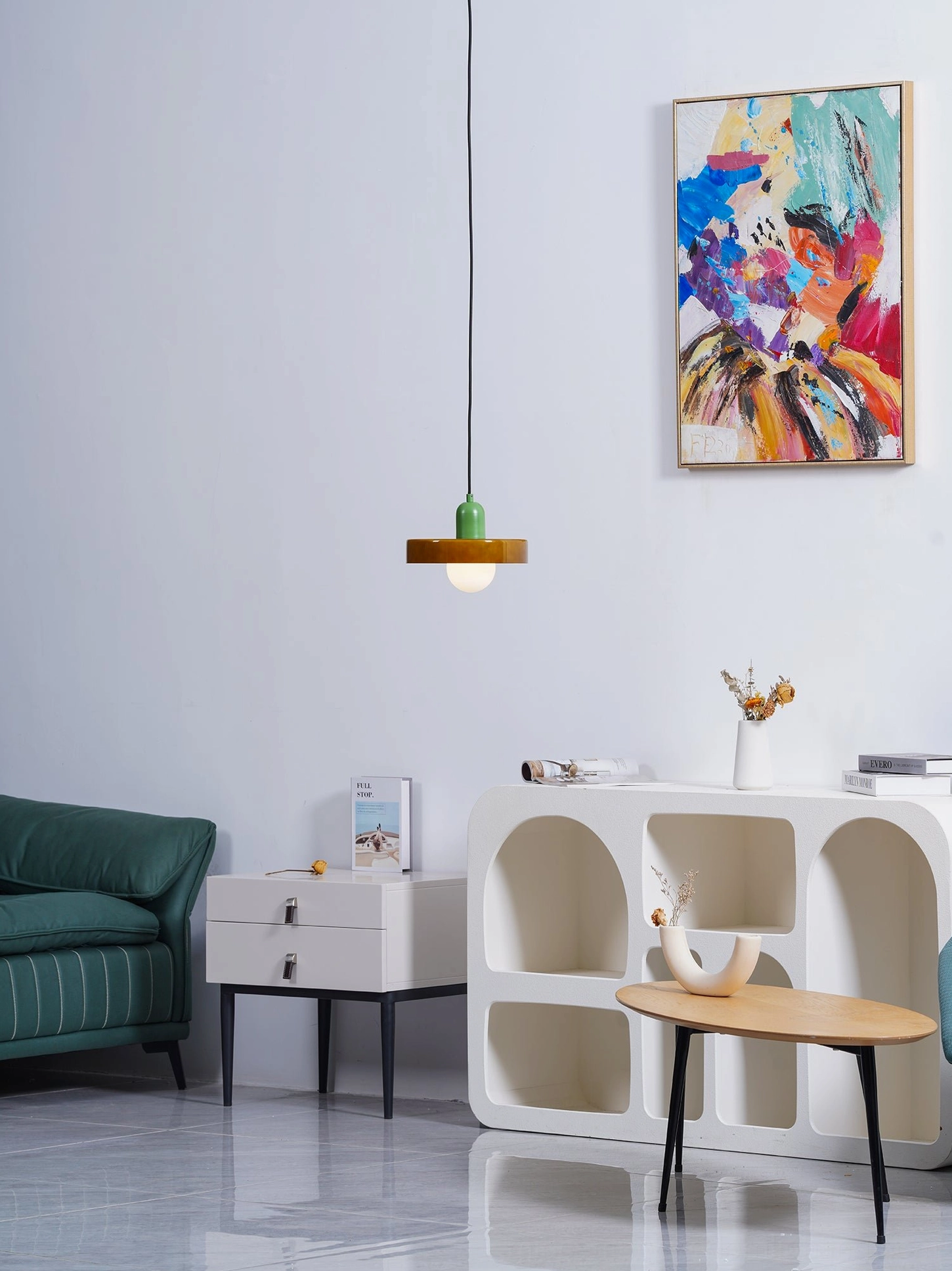 Disc Orb Pendant Light green variant soft illumination