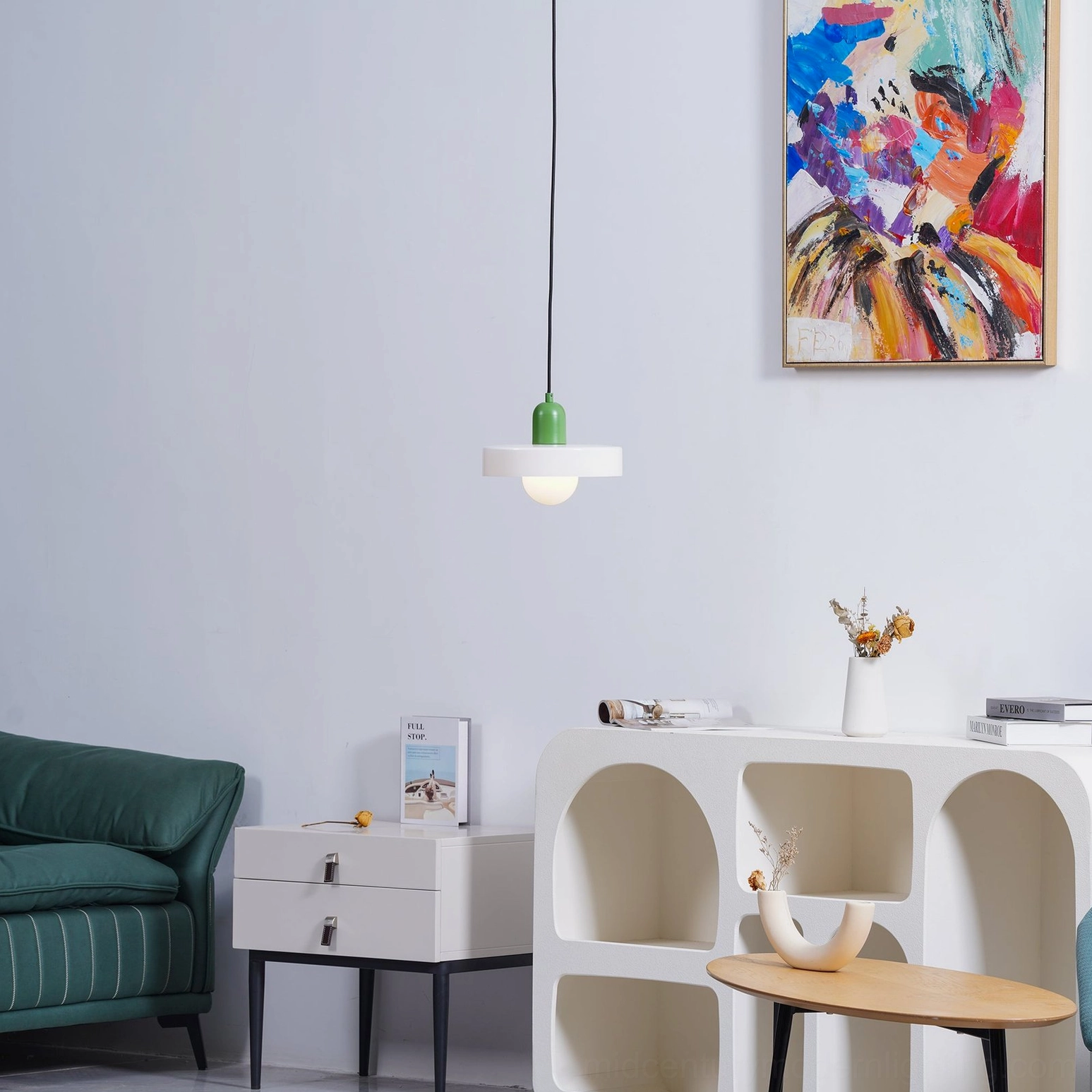Disc Orb Pendant Light green variant studio lighting setup