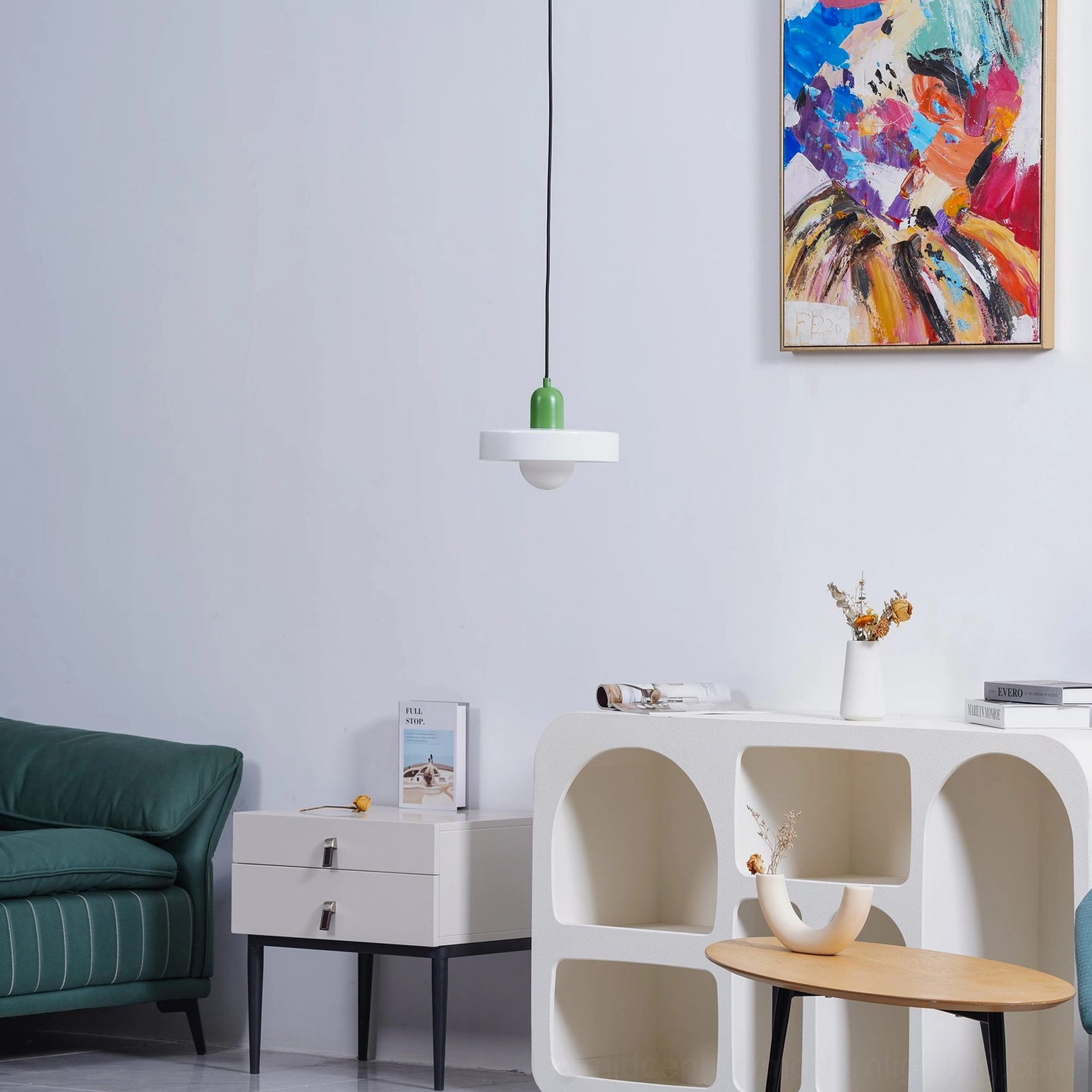 Disc Orb Pendant Light green finish above workspace