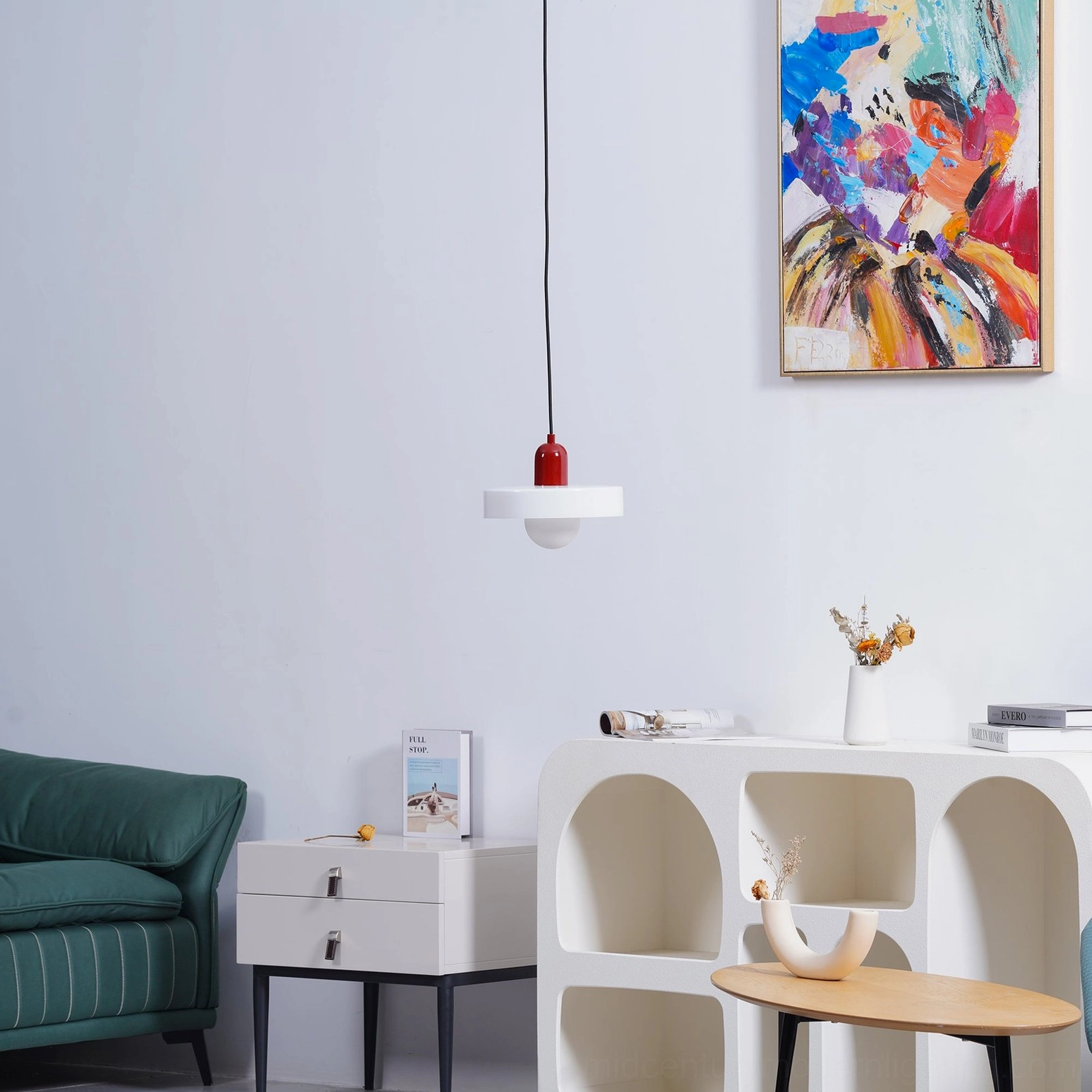 Disc Orb Pendant Light red finish interior dining space